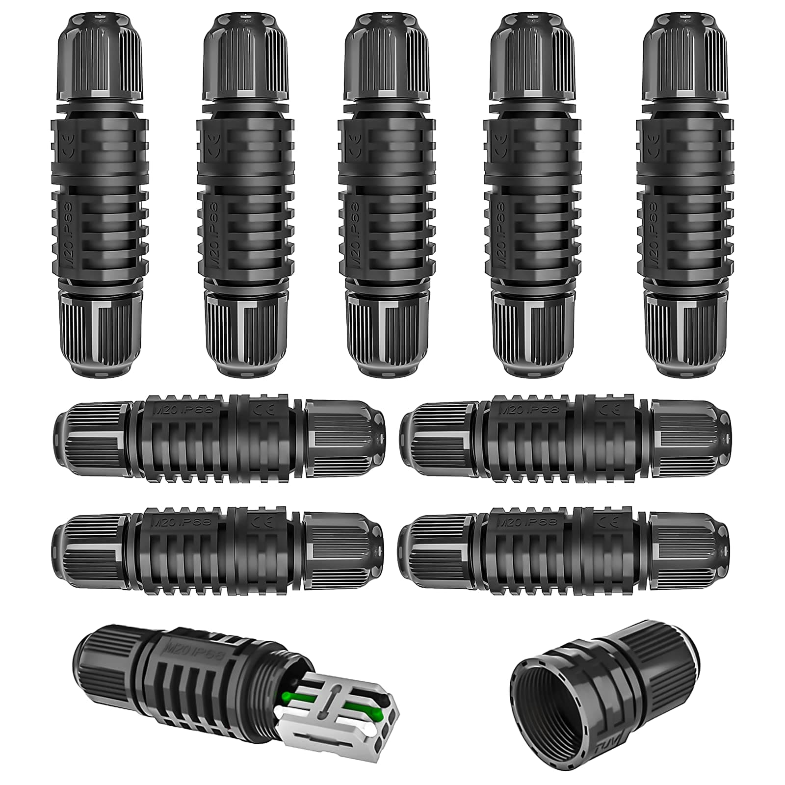 Junction Box Cable Connector Waterproof Cable Connector Junction Box 2 Way with 3 Pin Electrical Connectors Extension Cord for 22-10 AWG 32A Ø4-9mm Wire (10 Pack)