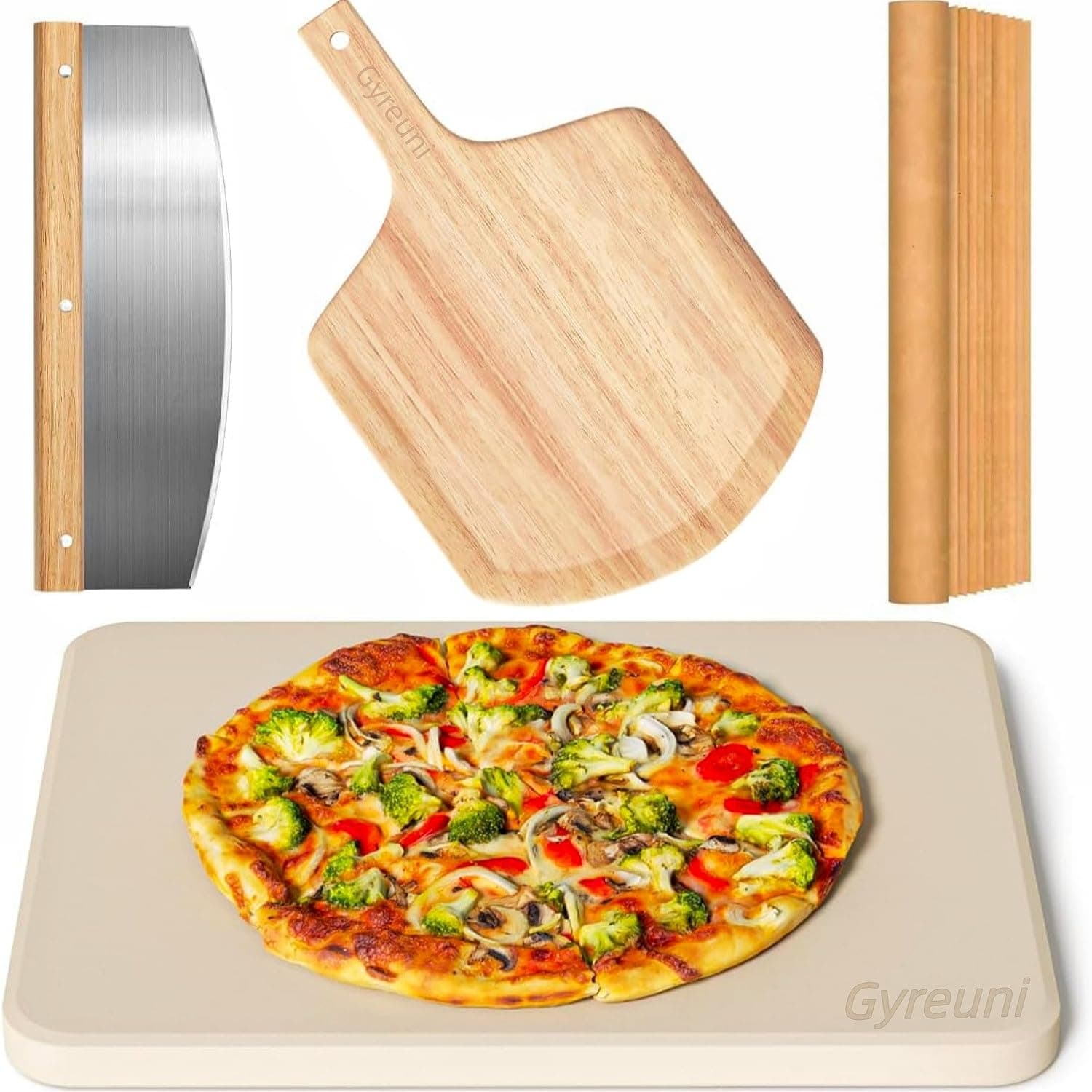 4 PCS Rectangle Pizza Stone Set, 15" Large Pizza Stone for Oven and Grill with Pizza Peel(Oak), Pizza Cutter & 10pcs Cooking Paper for Free, Baking Stone for Pizza, Bread,BBQ