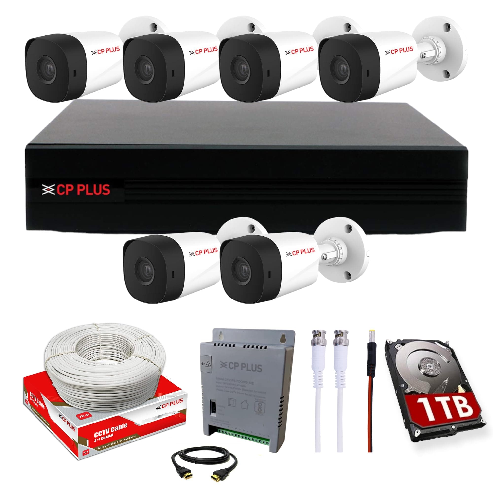 CP PLUS Full HD 8 Channel DVR with 6X 5 MP Outdoor Cameras, Built-in Audio Mic, Motion Detection, 1TB HDD, 8 Ch SMPS, CCTV Cables, HDMI+BNC/DC Set - White