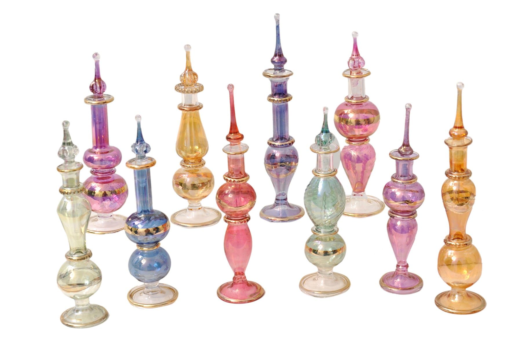 Egyptian perfume bottles, Perfume making kit, Decorative perfume bottles, Set of 30 Decorative Vials, Each 4" High (12cm), Assorted Colors