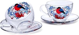 Bullfinches Glass Tea Cup and Saucer Set of 2 Glass Teacups 6.8 fl oz (200 ml) Cup with Matching Saucers for Two, Christmas Dinnerware, Tea Coffee Set for 2, Coffee Cups, Dishwasher and Microwave safe