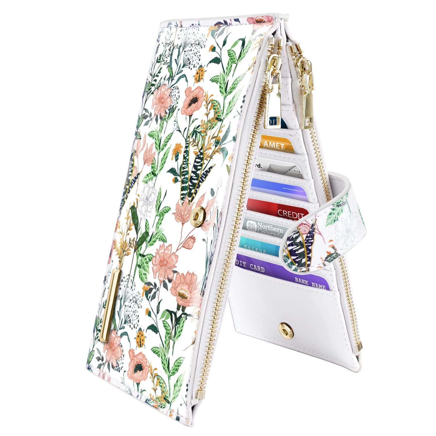 Coco Rossi Womens RFID Blocking Large Capacity Wallet Multi Card Organizer Bifold Wallet for Women with Zipper Pocket, White Flowers, L