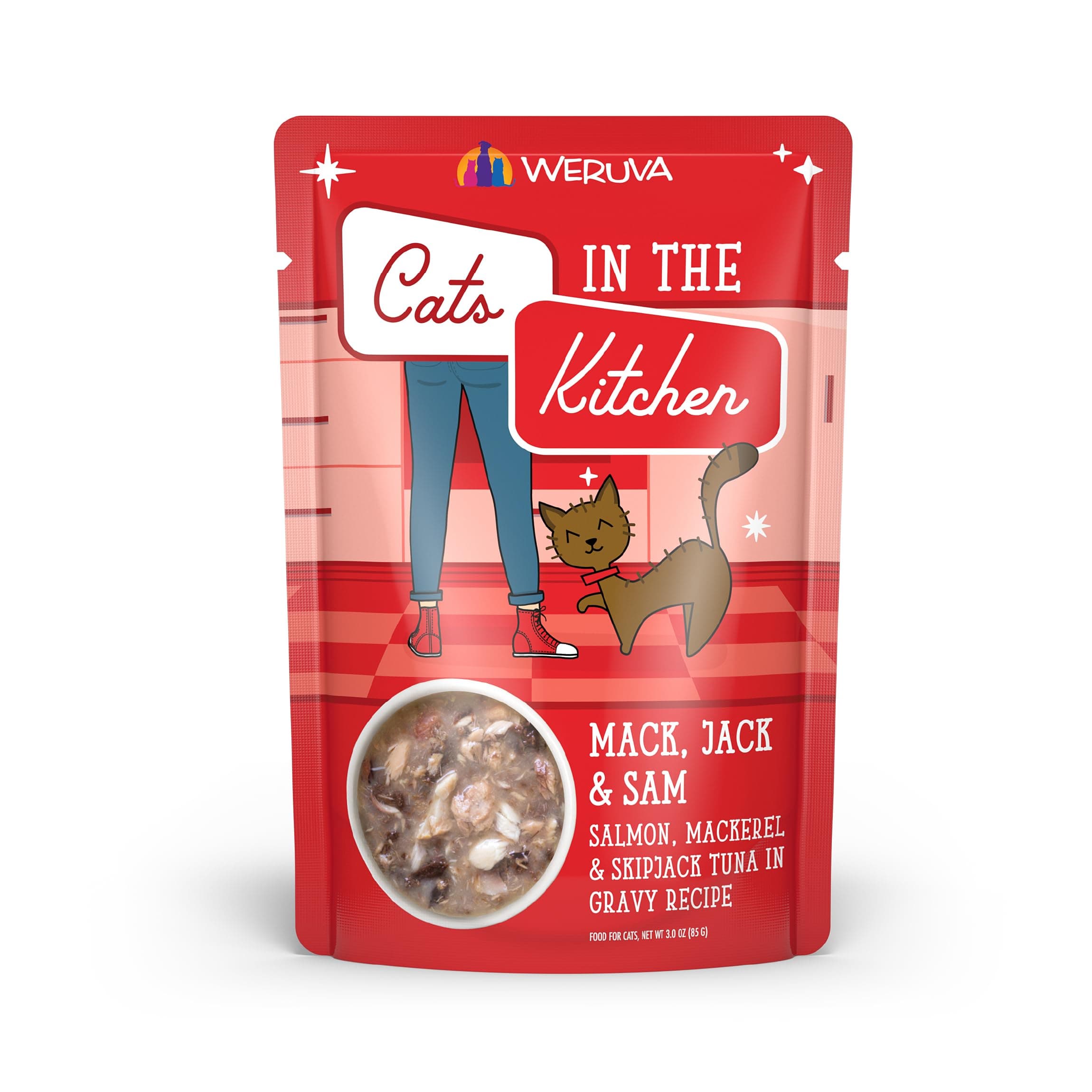 Cats in The Kitchen Mack, Jack & Sam with Mackerel, Skipjack & Salmon in Gravy Cat Food, 3oz Pouch (Pack of 12)