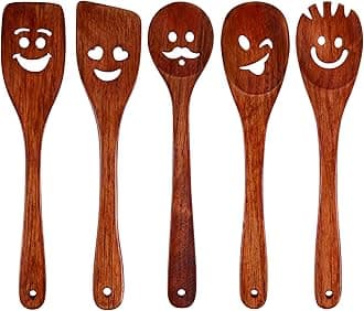 HANSGO 5PCS Wooden Spatula Set, 12 Inch Cast Scraper, Cute Face Expression Cooking Utensils