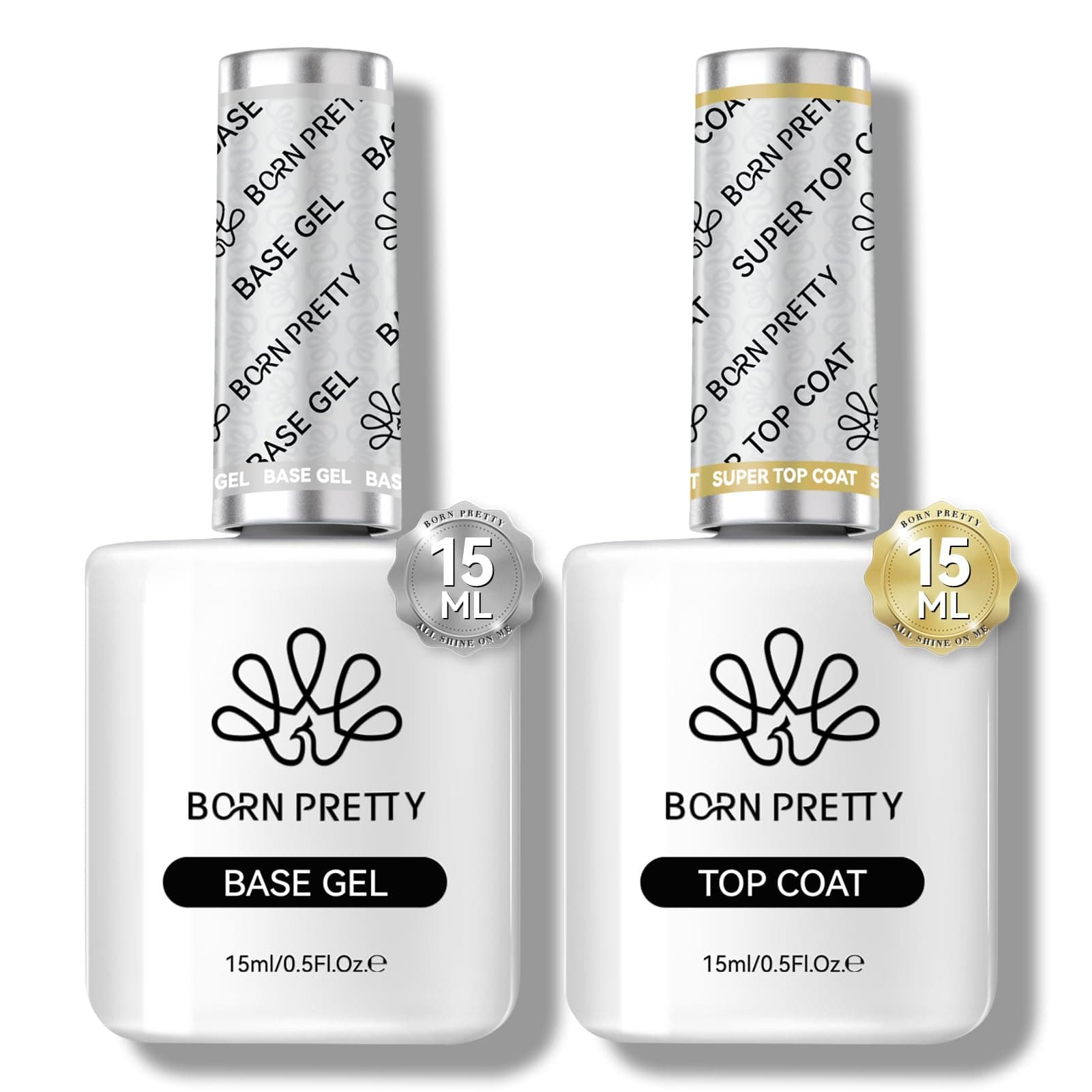 Born Pretty Top Coat Gel UV Set, 15 ml Shellac Base and Top Coat Set UV Base Coat Nail Polish No Wipe Base and Super Top Coat Gloss Finish for DIY and Nail Studio 2 Bottles