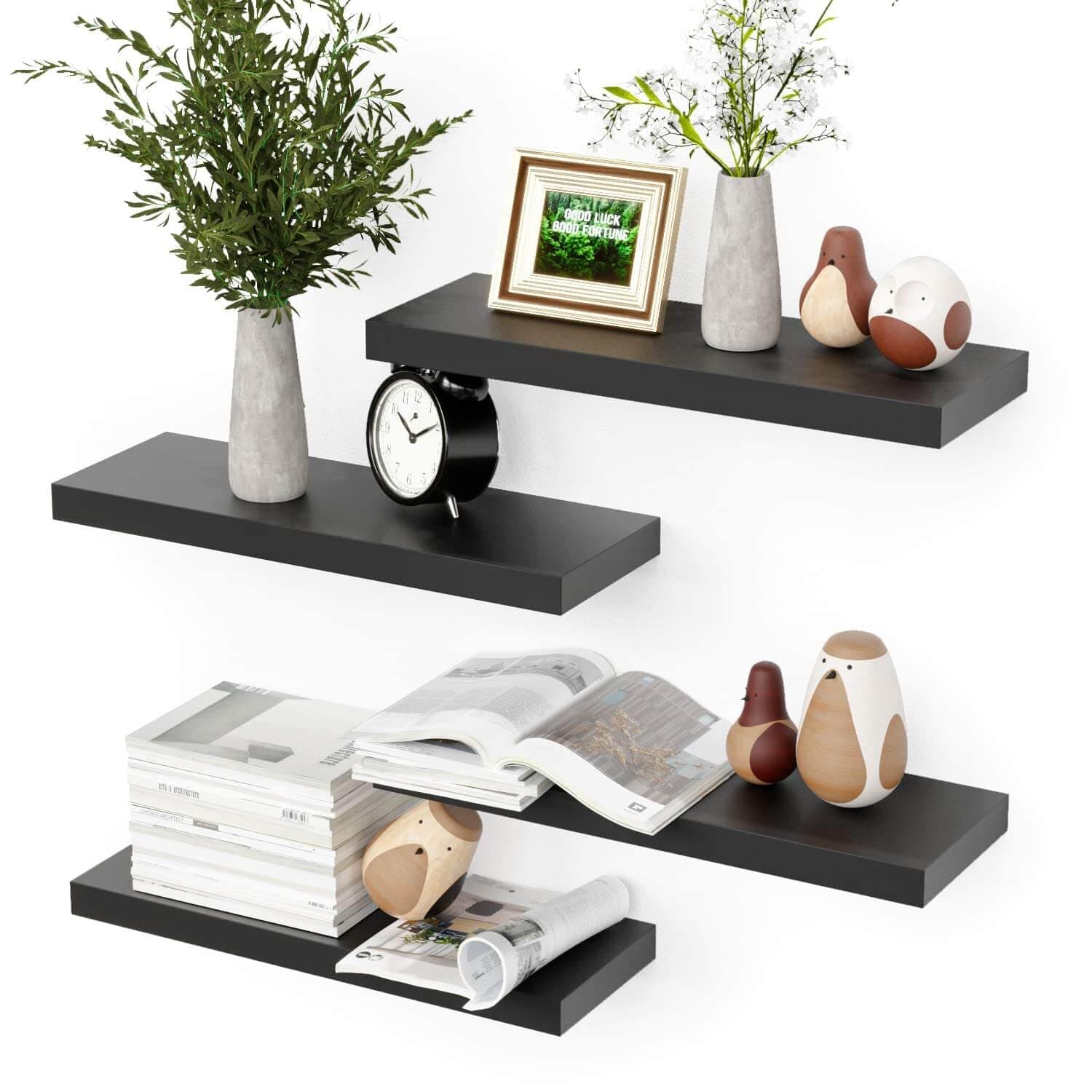 Black Floating Shelves for Wall, 4 Sets Room Storage Shelves, Display Shelves for Wall Decor, Shelf for Bathroom, Kitchen, Living Room – Black