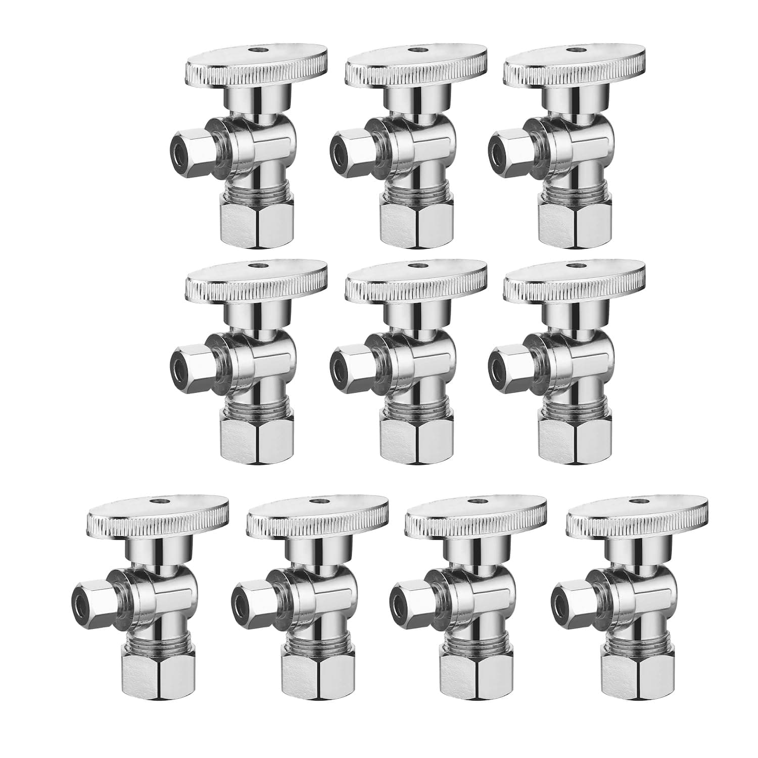 (10 Pack) BH Angle Stop Valve 1/2" Nominal Compression x 3/8" OD, 1/4-Turn Shut Off Valve, Chrome Plated Brass, for Bathroom Toilet Kitchen Shower Plumbing