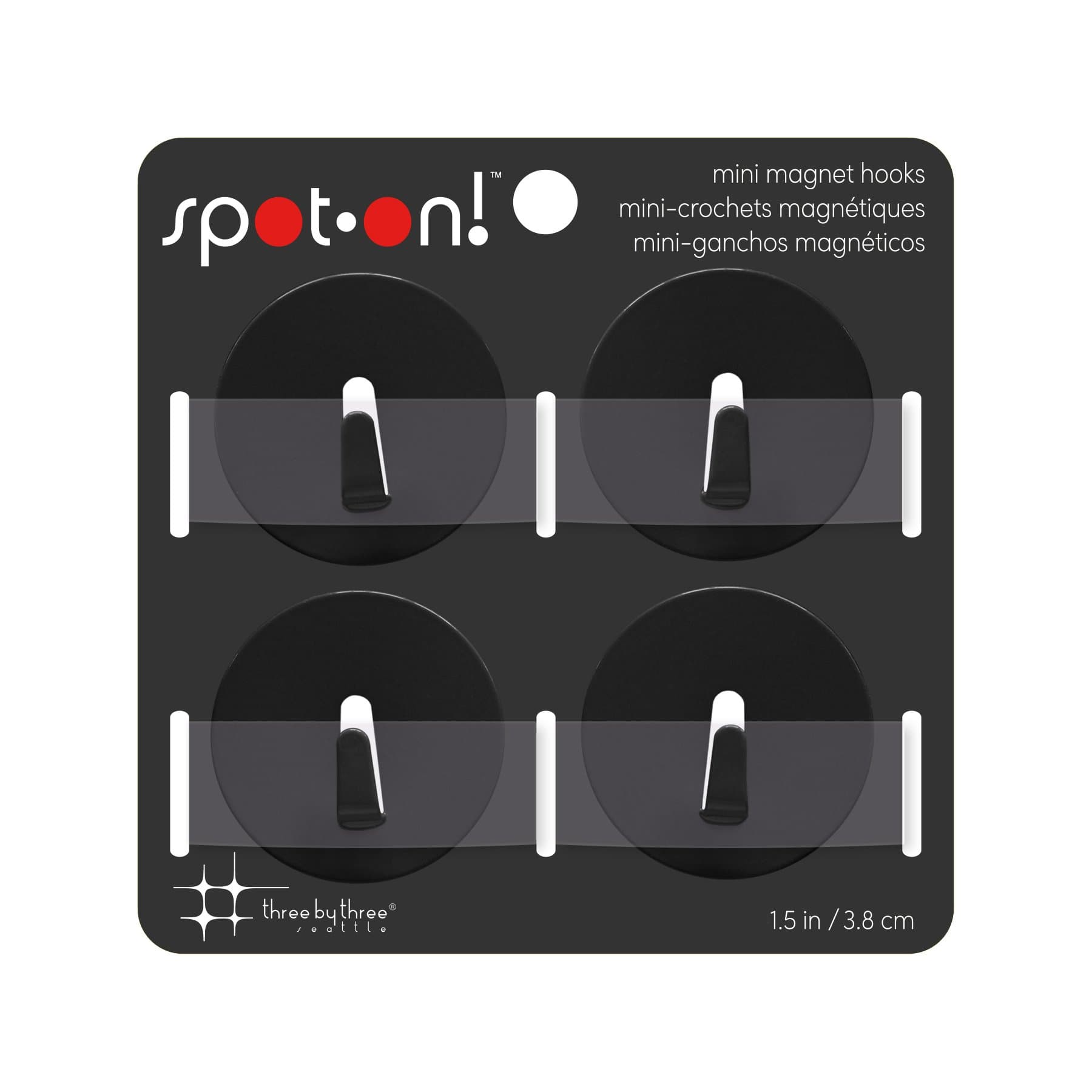 Three by Three Seattle spot-on! Stainless Steel Mini Refrigerator Magnet Hooks: The Ultimate 4-Pack for Organizing Your Refrigerator, Cabinets, and More (Black)