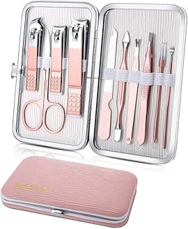Manicure Set 10pcs Professional Nail Clippers Kit Pedicure Care Tools-Stainless Steel Grooming Tools for Travel (Pink)