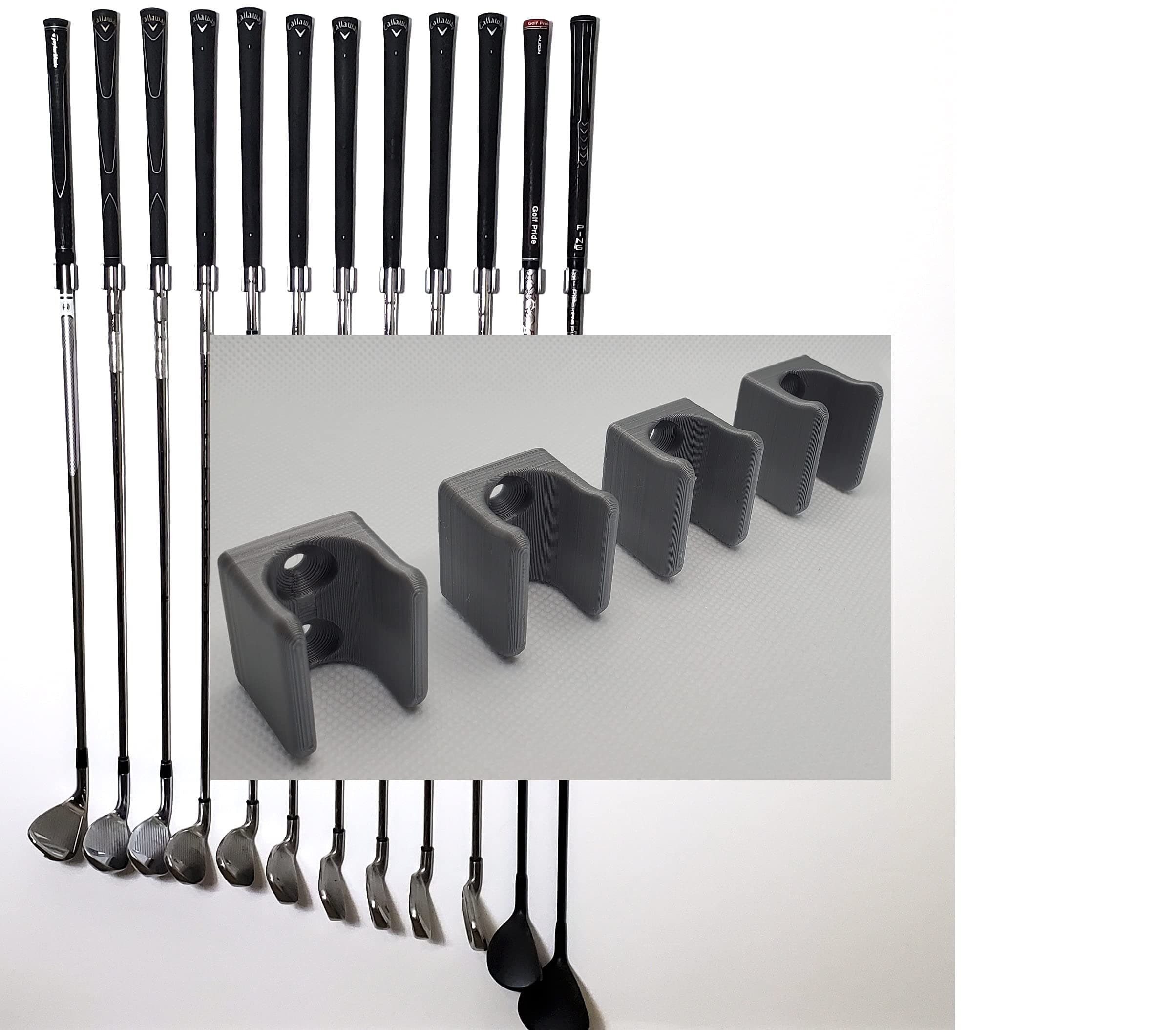Generic Golf Club Organizer - Wall Display, Wall Hanger, Rack, Mount (Club Head Up - 10mm, Grey Plastic, 15 Holders)