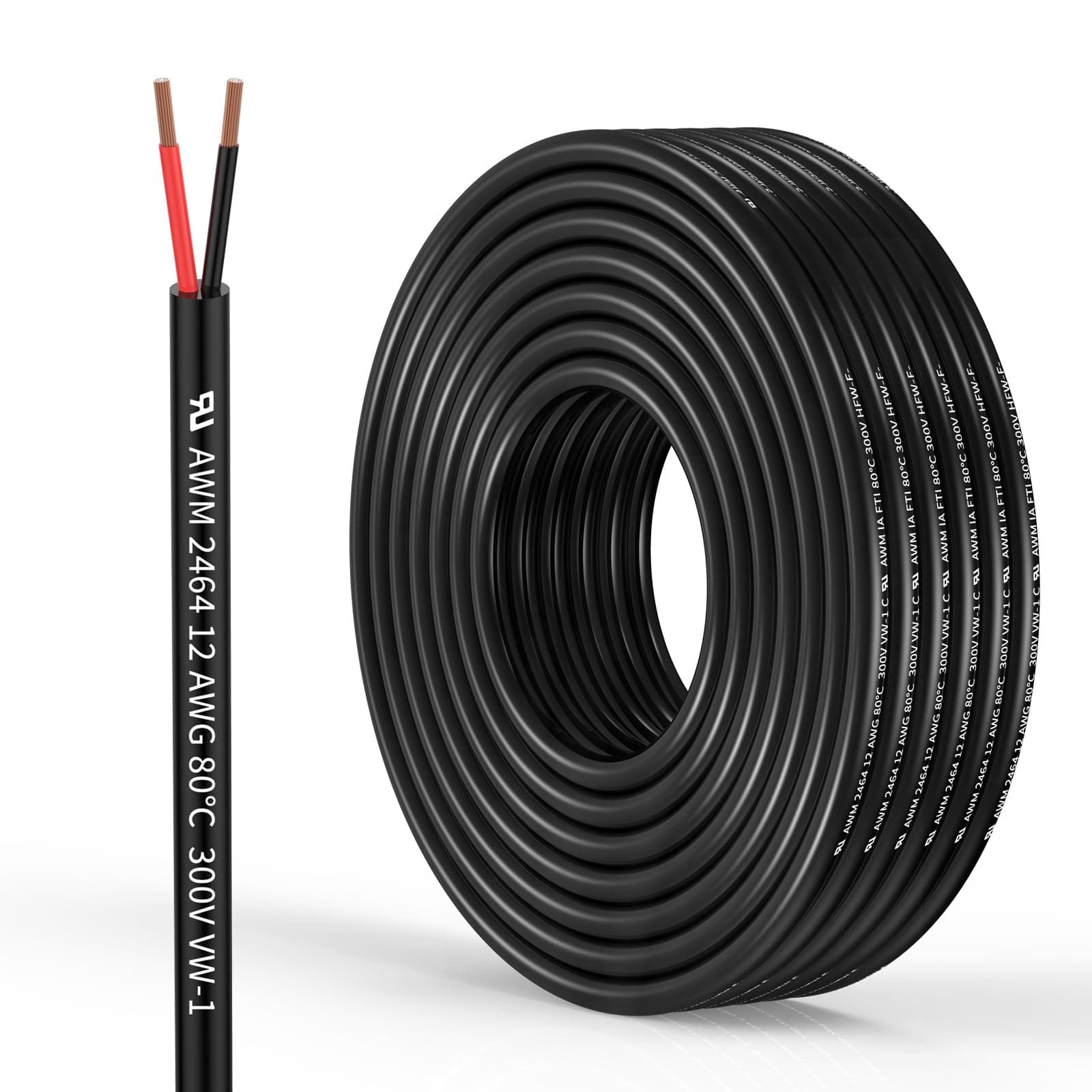 12 Gauge 2 Conductor Electrical Wire 12 AWG Wire Stranded PVC Cord Oxygen-Free Copper Cable 65.6FT/20M for Outdoor Lighting Automotive Battery Solar Panel (12/2AWG-65.6FT)
