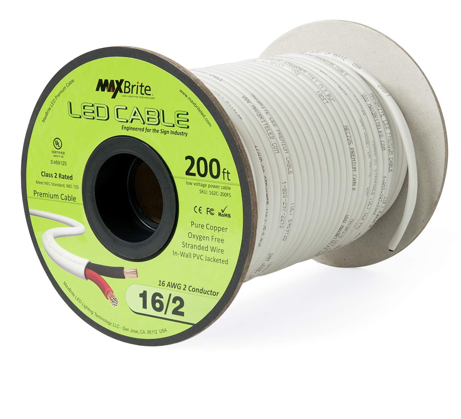 200 ft. 16AWG Low Voltage LED Cable 2 Conductor Jacketed in-Wall Speaker Wire UL Class 2 Certified