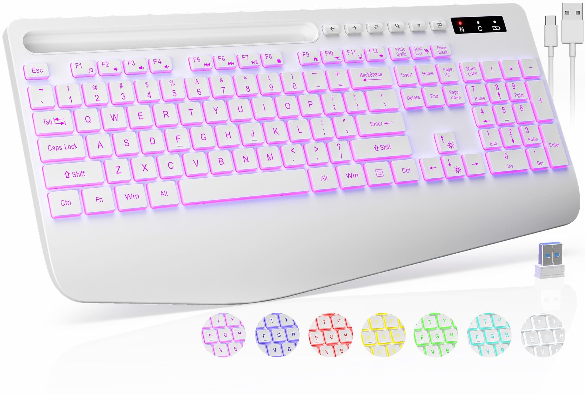 Wireless Keyboard with 7 Colored Backlit, Wrist Rest, Phone Holder, Rechargeable Ergonomic Computer Keyboard with Silent Keys, Full Size Lighted Keyboard for Windows, MacBook, PC, Laptop (White)