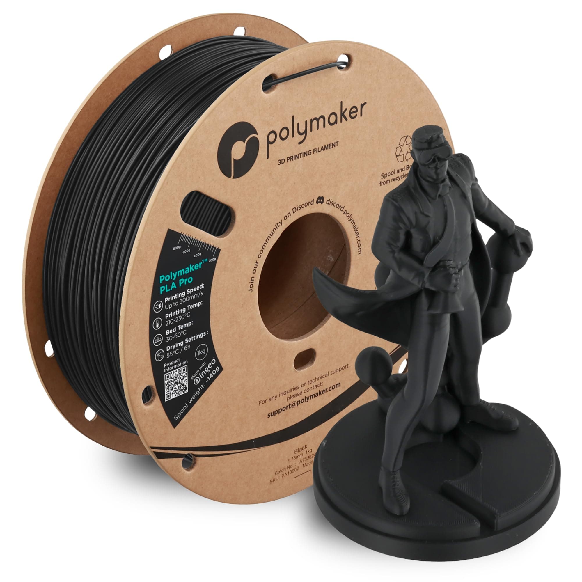 Polymaker PLA Pro 3D Printing Filament Black 1.75mm 1KG, High-Impact Tough PLA, Fast Printing up to 300mm/s, High Speed New Formula, Easy to Print on Most FDM Printers, No Enclosure Required