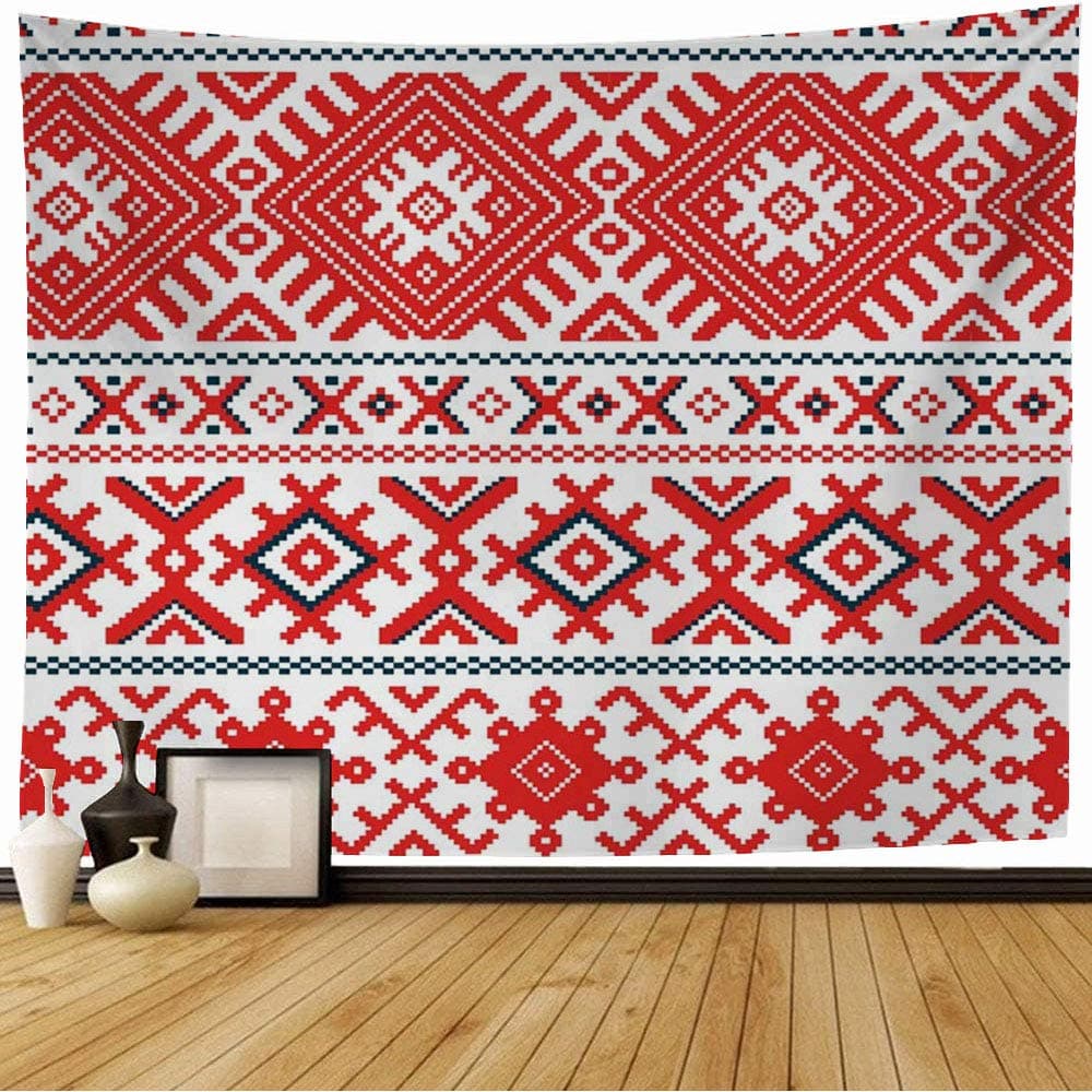 StaromarTapestry Wall Hanging Belarusian Pattern Slavic Belarus Miscellaneous Elements Fill Love National Ukrainian Old Retro Cute Tapestry for Bedroom Living Room 60x60 Inch