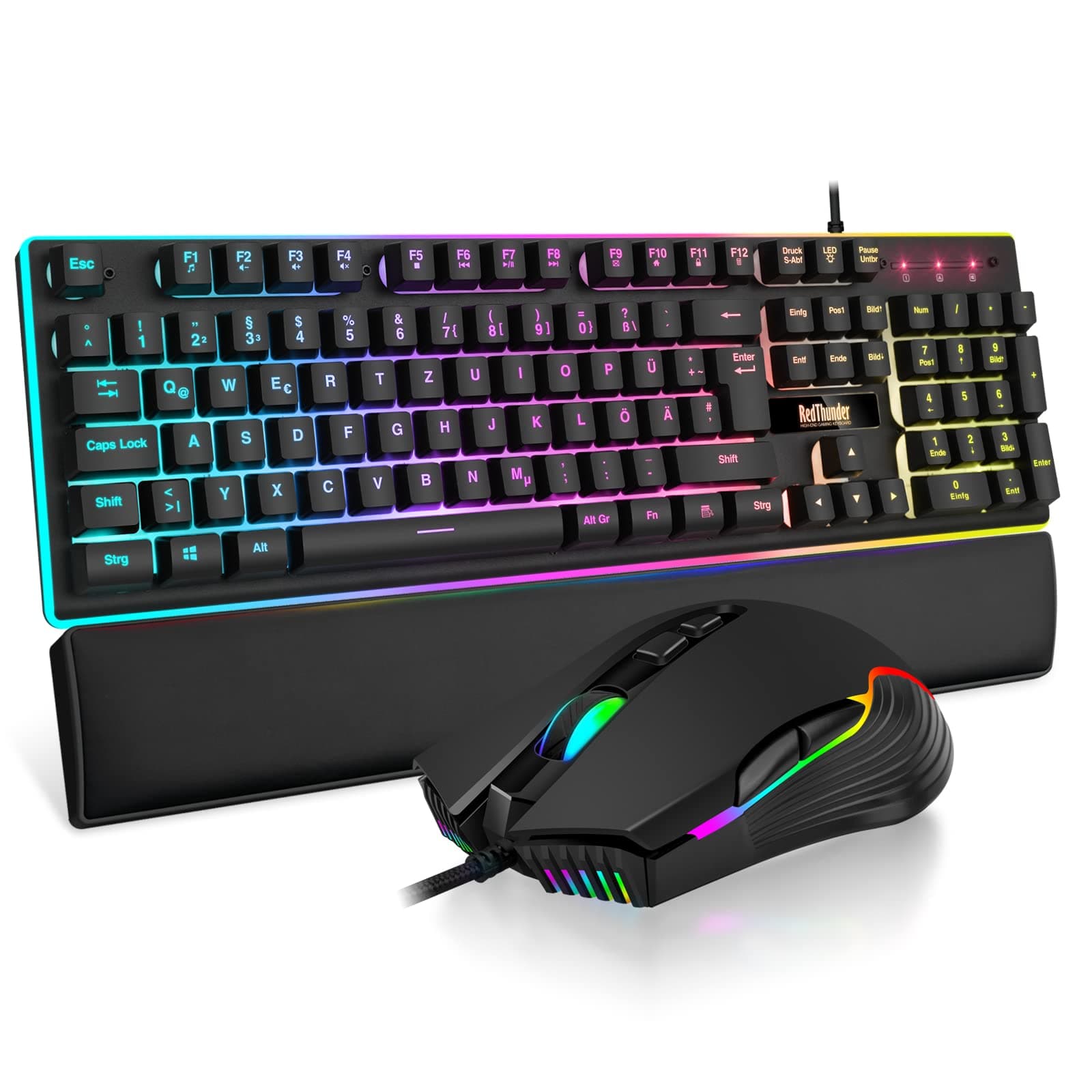 RedThunder K10 Gaming Keyboard and Mouse Set, QWERTZ DE Layout, Metal Plate and Wrist Rest, RGB Backlight and 7D with Ergonomic for PC Gamers (Black)