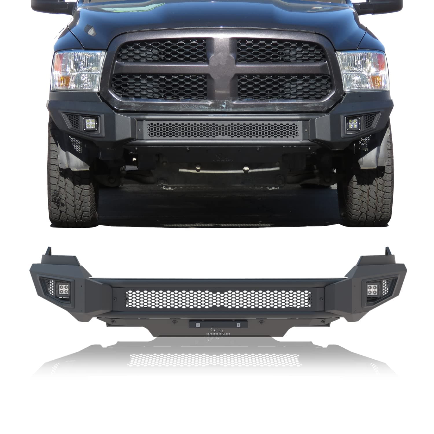 IRONBISON Front Bumper for 2013-2018 Dodge RAM 1500 (Exclude Rebel Trim) Pickup Truck Front Bumper Guard with 2 LED Fog Lights/Splash Guard Can Add 30” LED Light Fine Textured Black