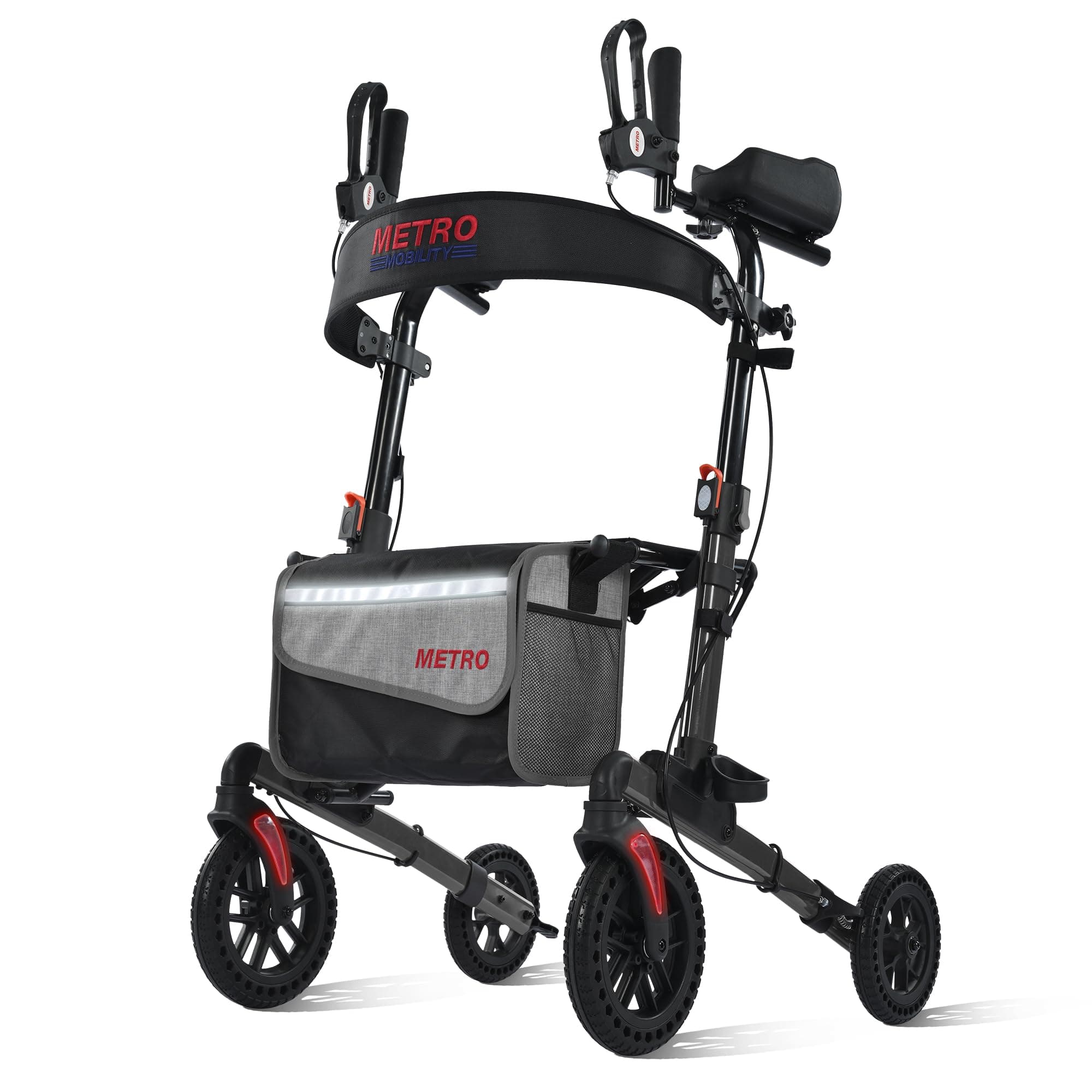 Metro Mobility Rollator Walker with Seat for Seniors, Foldable Lightweight Rolling Walker, 10" Big Front Shock-Absorbing Honeycomb Wheels for All Terrain, 300 lb. Weight Capacity, Black