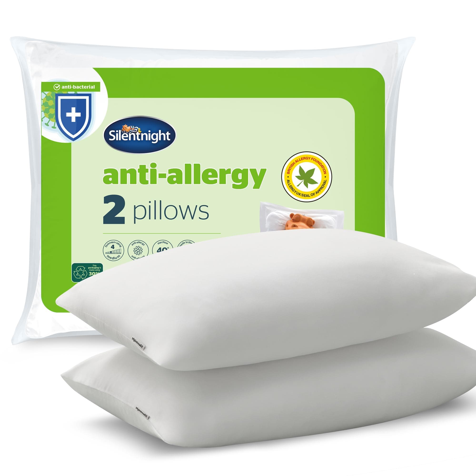 Anti-Allergy Pillows 2 Pack – Soft Medium Support Anti Bacterial, Bed Hotel Pillows for Back, Stomach and Side Sleepers, White