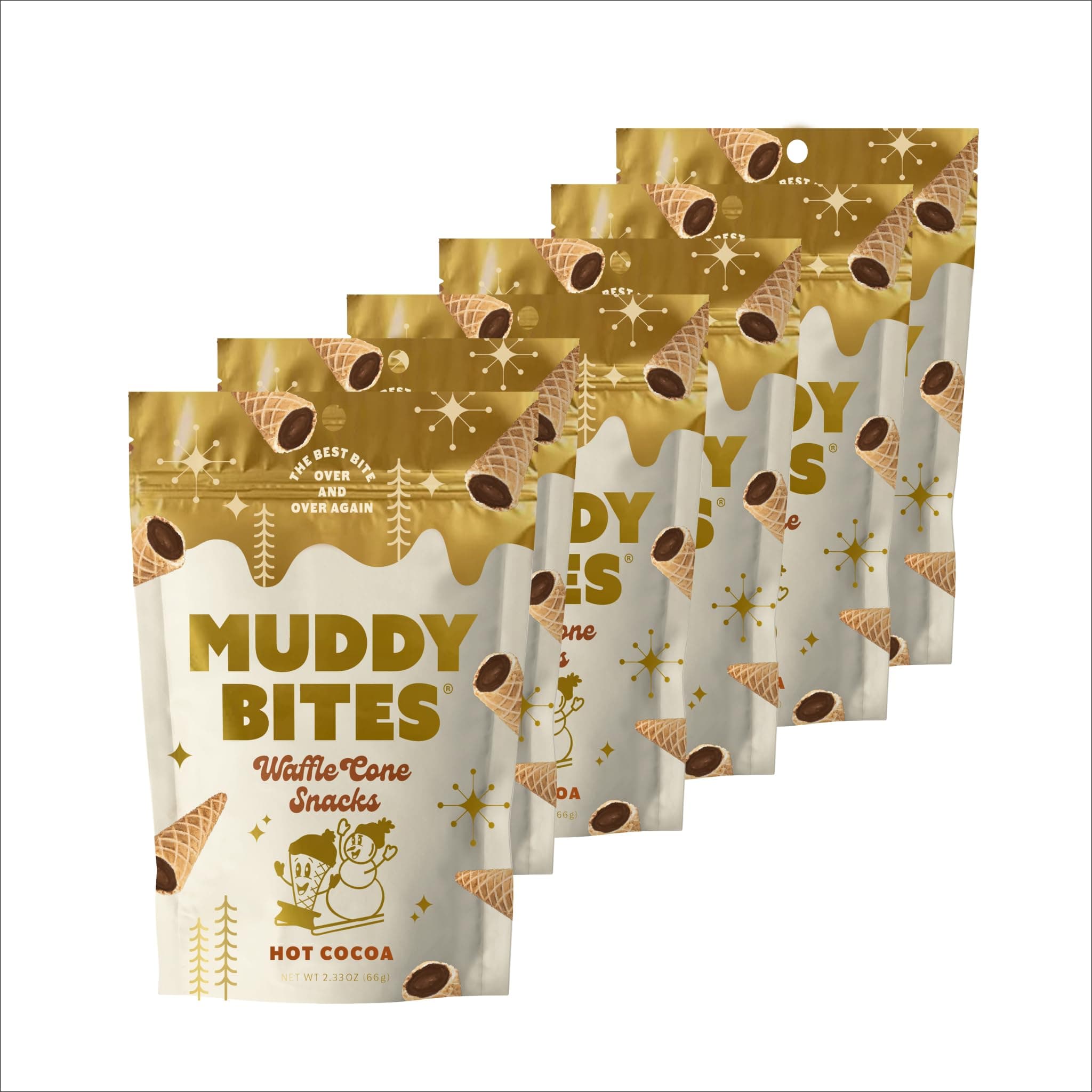 Muddy Bites Waffle Cone Snacks Bite Sized Chocolate Filled Waffle Cones for Snack or Dessert, Hot Cocoa, Made with Cane Sugar, Non-GMO, Kosher (Hot Cocoa, 6 Bags)
