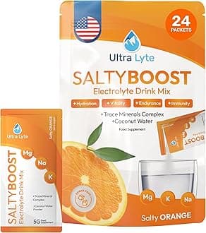 Electrolytes Drink Mix Sachets - Sugar-Free Electrolytes Powder with High Sodium, Trace Minerals and Coconut Water - Rehydration for Fitness (24 Sachets, Salty Orange)