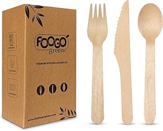 FOOGO Green 300pcs Disposable Wooden Cutlery Set | 100x Forks, 100x Spoons, 100x Knives| 16cm | Biodegradable Compostable| Eco Friendly Cutlery Set | Party Picnic