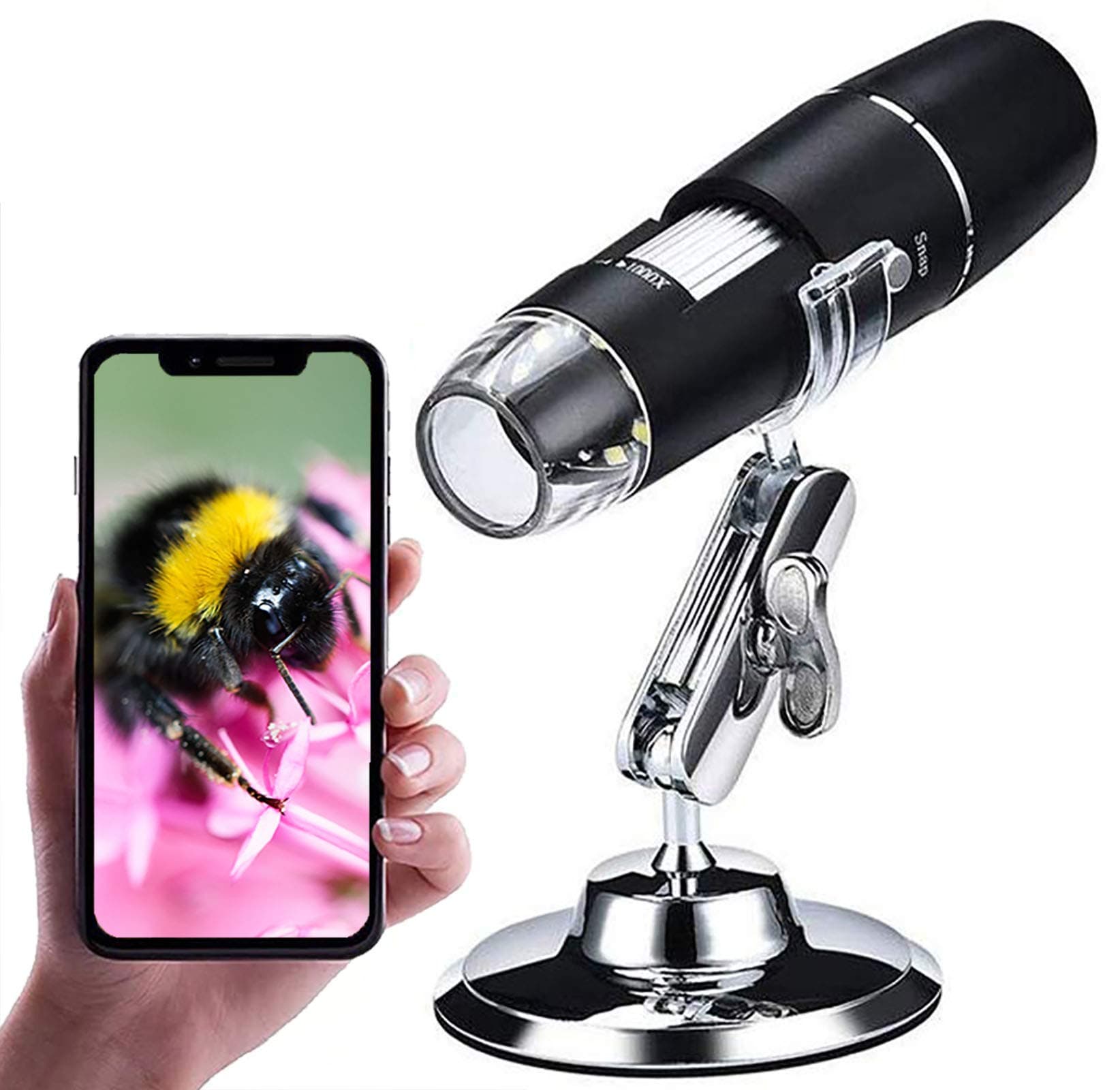 Microware WiFi USB Digital Handheld Microscope Wireless Endoscope Camera with 40 to 1000X Magnification Phone Suction, Metal Stand, Set of 8 LED and WiFi Compatible with iPhone iPad Mac Win Android