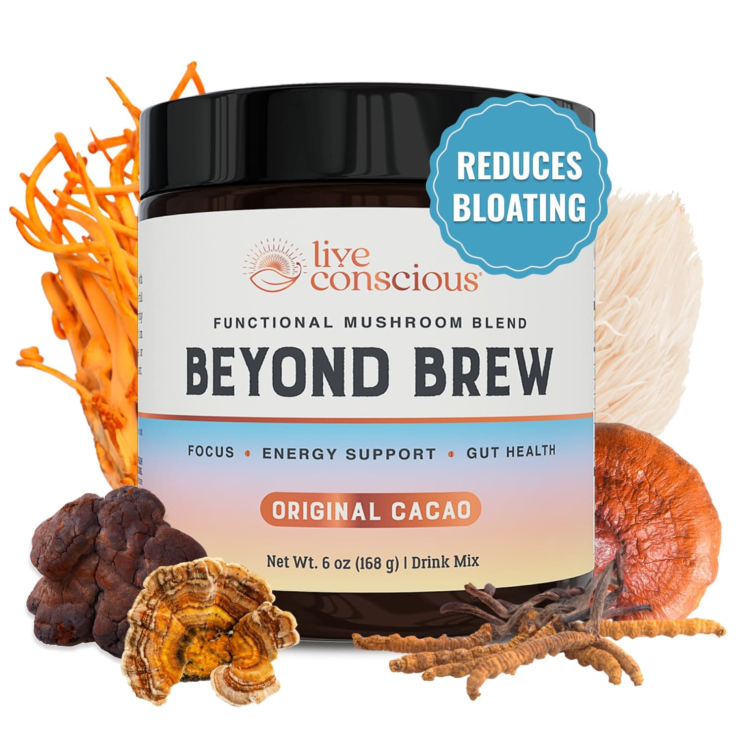 Live Conscious Beyond Brew - Coffee Alternative - Low Caffeine - Mushroom Complex w/Lion’s Mane, Reishi, Cordyceps & Chaga for Sustained Focus, Energy & Immunity - w/Prebiotics & Probiotics - 30