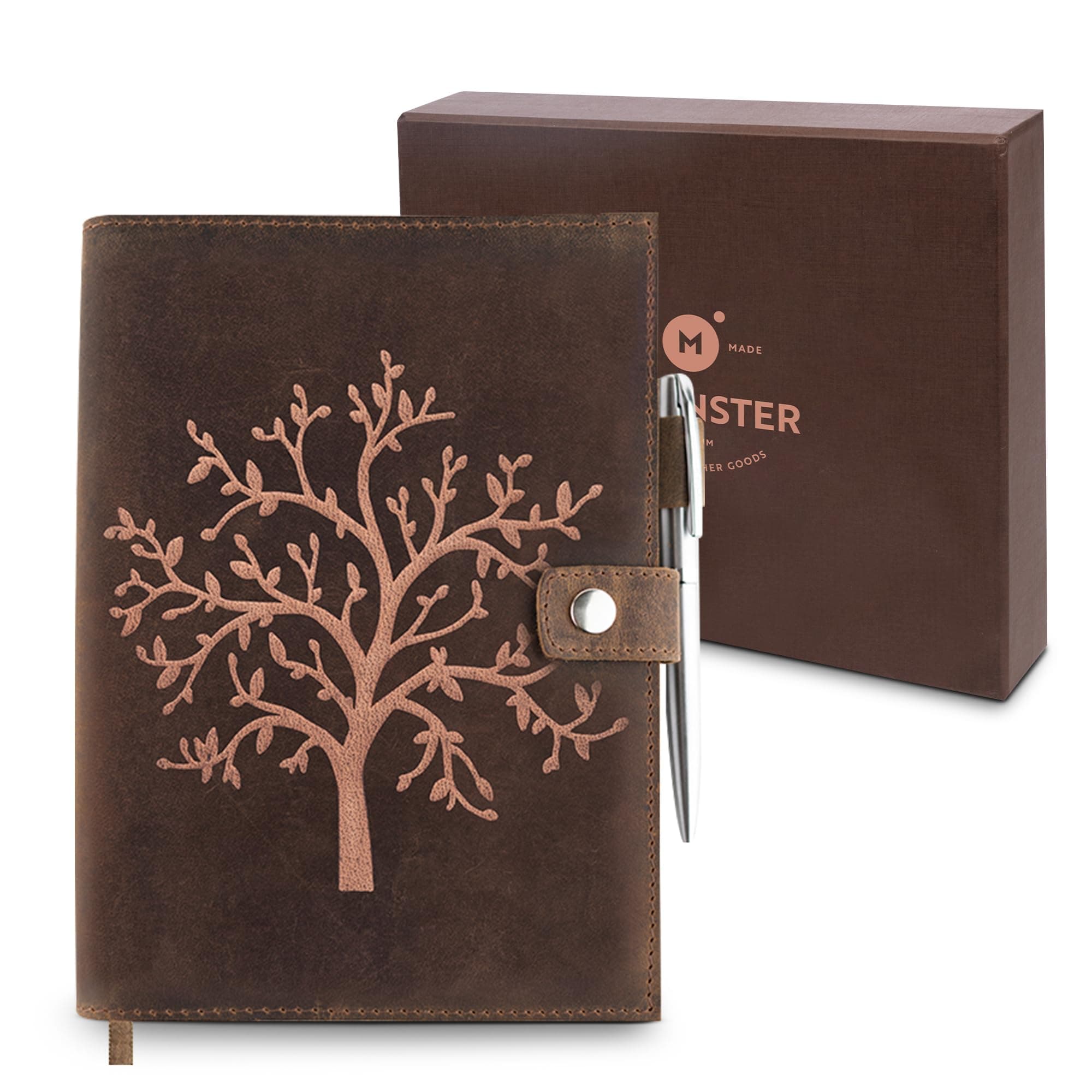 moonster Refillable Leather Journal Lined Notebook - Embossed Tree of Life, Handmade Genuine Leather Notebook for Men & Women with Pen Holder – Includes Premium-Milled A5 Lined Paper & Luxury Pen ®
