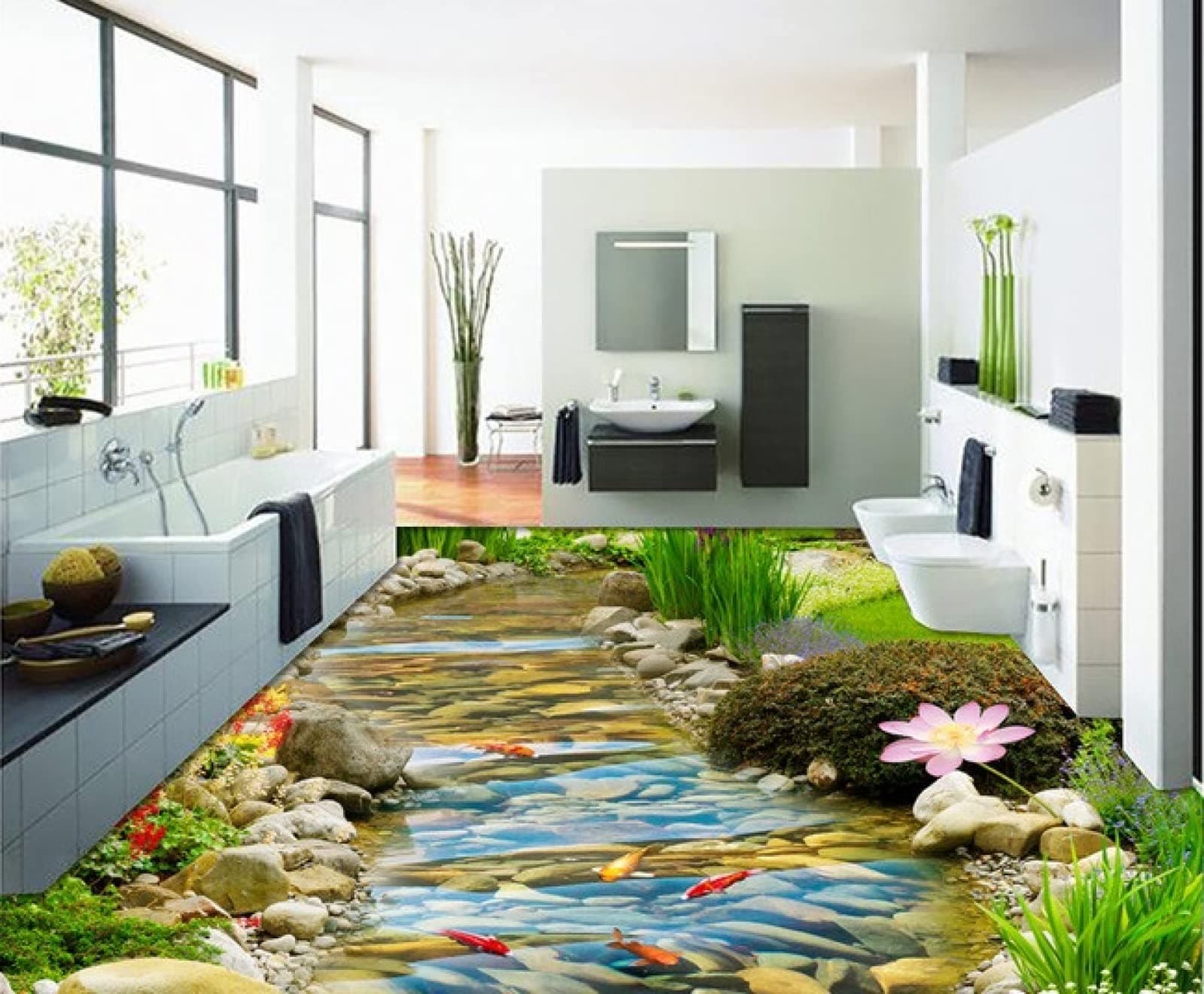 Wall Mural Wallpaper 108 x 75 inch (Width x Height) 3D PVC Flooring Custom Wall Sticker 3D Hd Streams Goldfish Lotus 3D Bathroom Flooring Paintings Photo 3D Wall murals Wallpaper