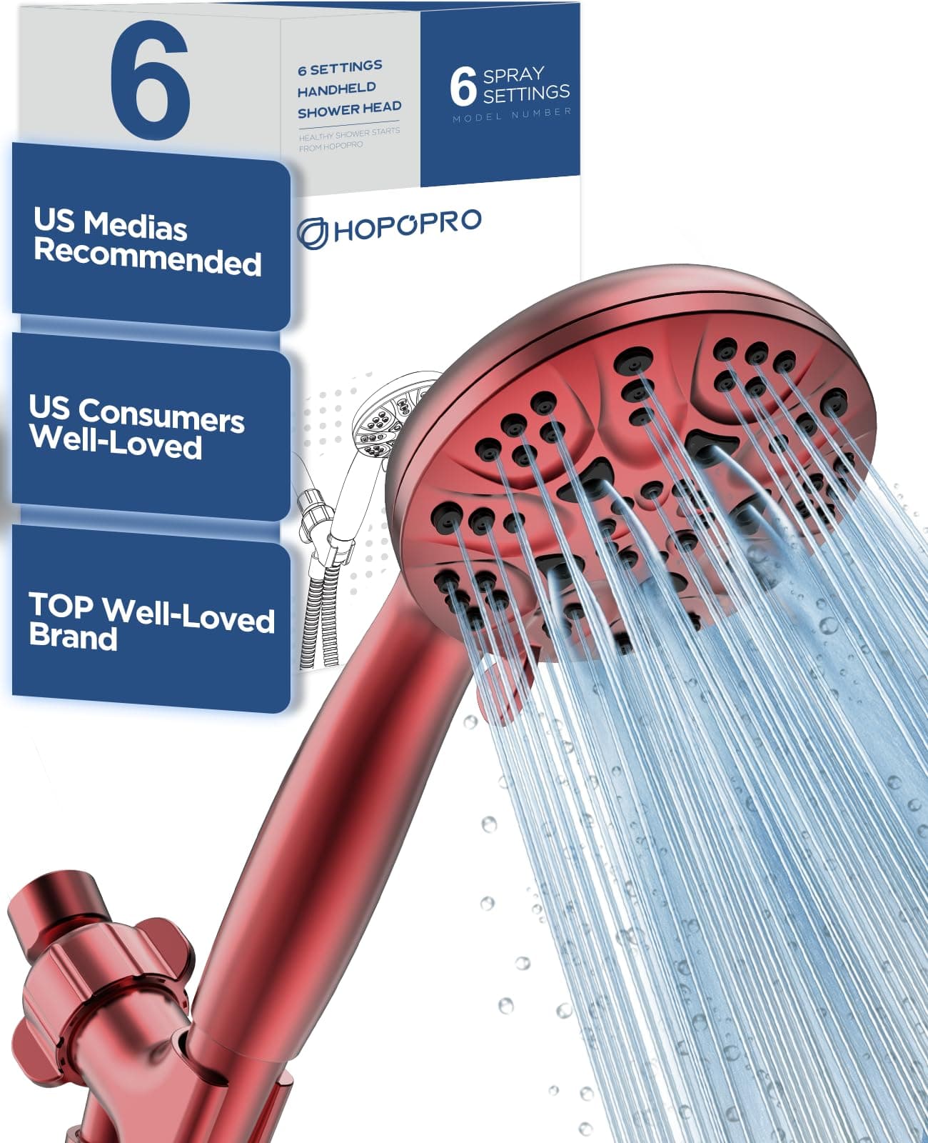 HOPOPRO 6 Functions Handheld Shower Head Set, High Flow Bathroom Shower Head With Handheld Replacement Tool-free 1-Min Installation with 59 Inch Hose Holder Teflon Tape Red