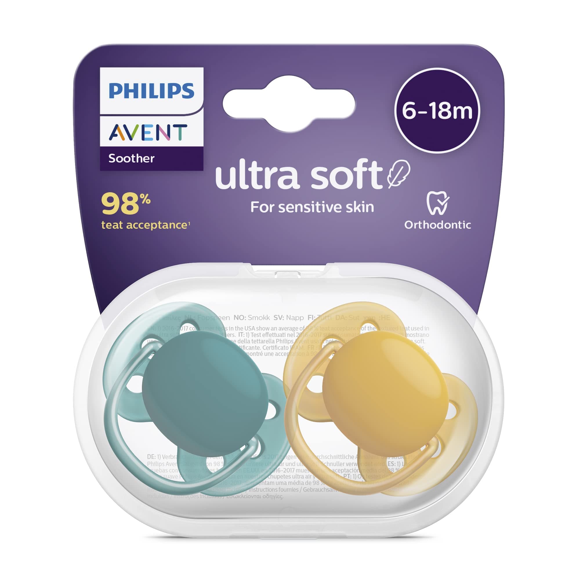 Philips Avent Ultra Soft Pacifier 2 Pack - BPA-Free Dummy for Babies from 6-18 Months (Model SCF091/04)