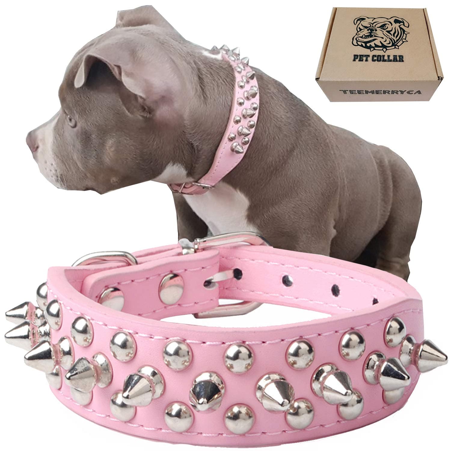 TEEMERRYCA Adjustable Leather Spiked Studded Dog Collars with a Squeak Ball Gift for Small Medium Large Pets Like Cats/Pit Bull/Bulldog/Pugs/Husky, Pink, M(12"-15")