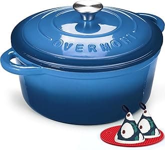Overmont Enameled Cast Iron Dutch Oven - 7QT Pot with Lid Cookbook & Cotton Potholders - Heavy-Duty Cookware for Braising, Stews, Roasting, Sourdough Baking blue