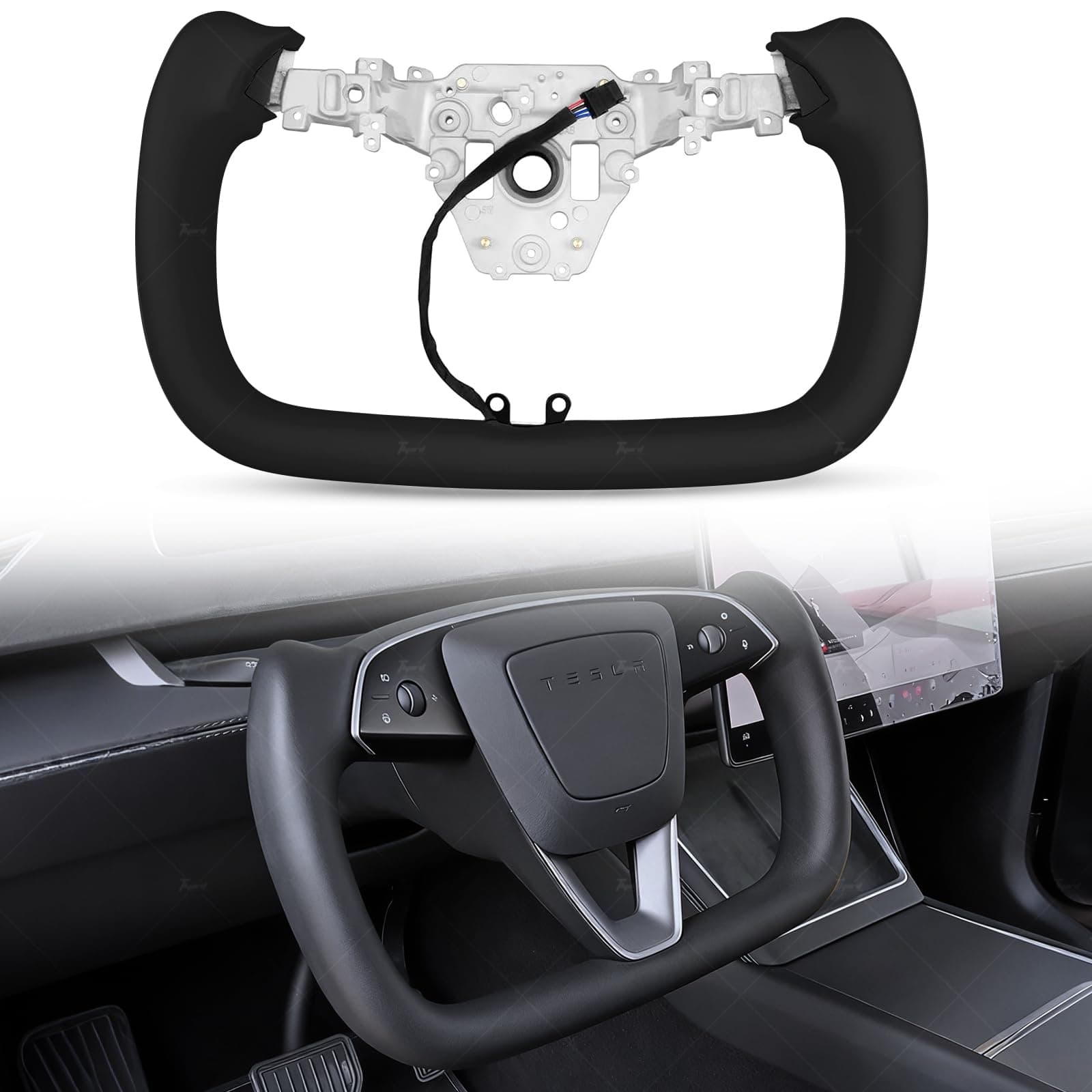 Yoke Steering Wheel Personalized for Tesla Model Y Juniper 2025, Nappa Leather for Tesla Model Y Accessories With Heating Function No Front Trim (Black Nappa, Matte Carbon Fiber)