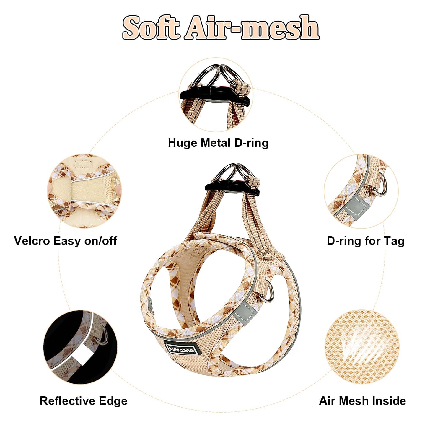 Mercano Soft Mesh Dog Harness and Leash Set, No-Chock Step-in Reflective Breathable Lightweight Easy Walk Vest Harnesses with Safety Buckle for Small Dogs, Cats (Beige, L)