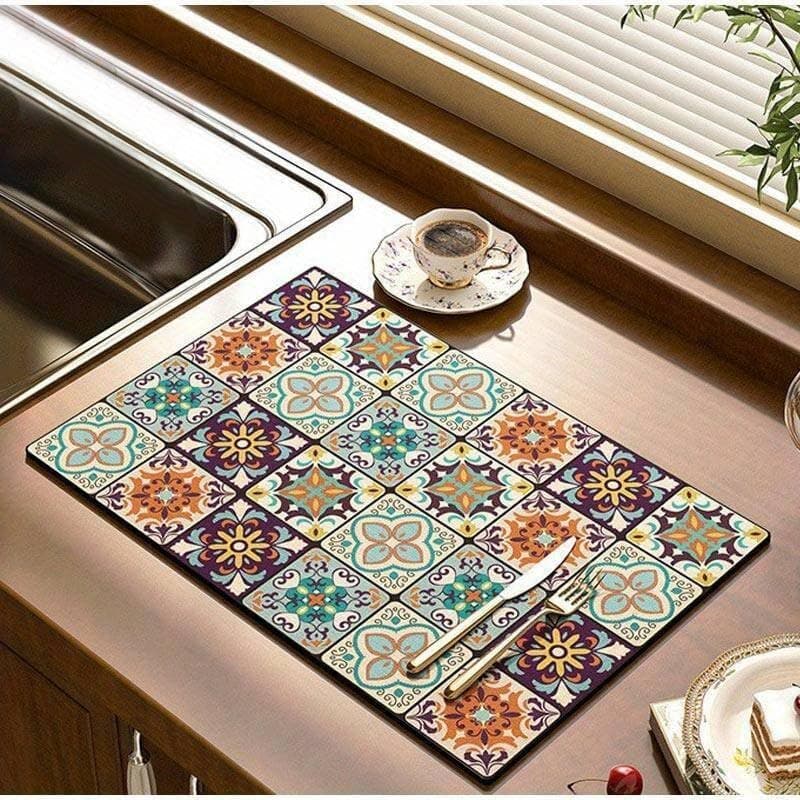 HomeCloud Dish Drying Mat for Kitchen Counter Hide Stain Super Absorbent, Non-Slip, Heat-Resistant, Great for Dishes,Rack Pad, Kitchen Counter, Coffee Maker, Coffee Item (Brown_Multi, 40x50cm)