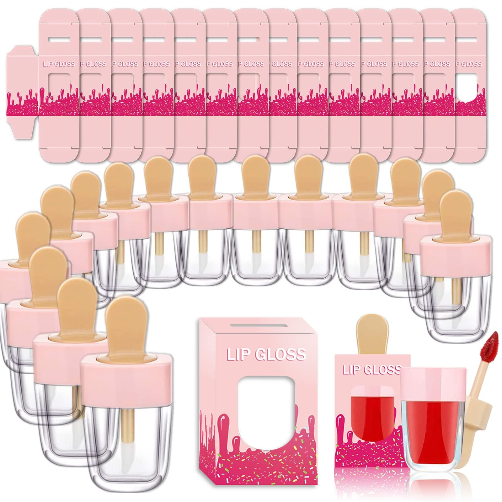 15 Pack Lip Gloss Tubes with Packaging Boxes,Pink Ice-cream Shaped Lipgloss Tube with Wand,Cute Empty Lip Gloss Containers Wholesale for Business,8ml/0.27Oz,Tube+Boxes