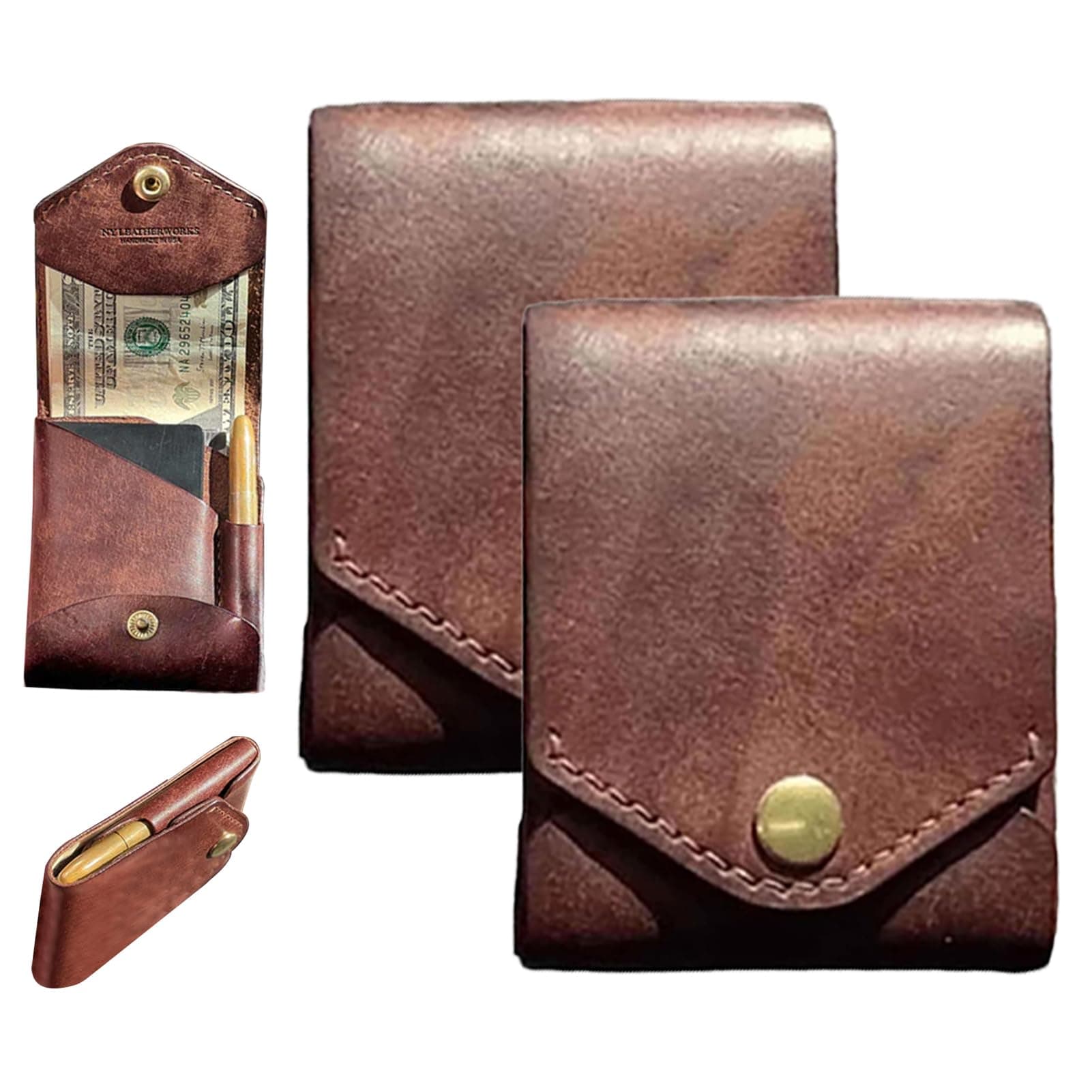 Multifunctional Compact Wallet, Handmade Leather Wallet for Men, Small Slim Thin Compact Credit Card Fully Functional Wallet (2pcs wallets + 2pcs pen)
