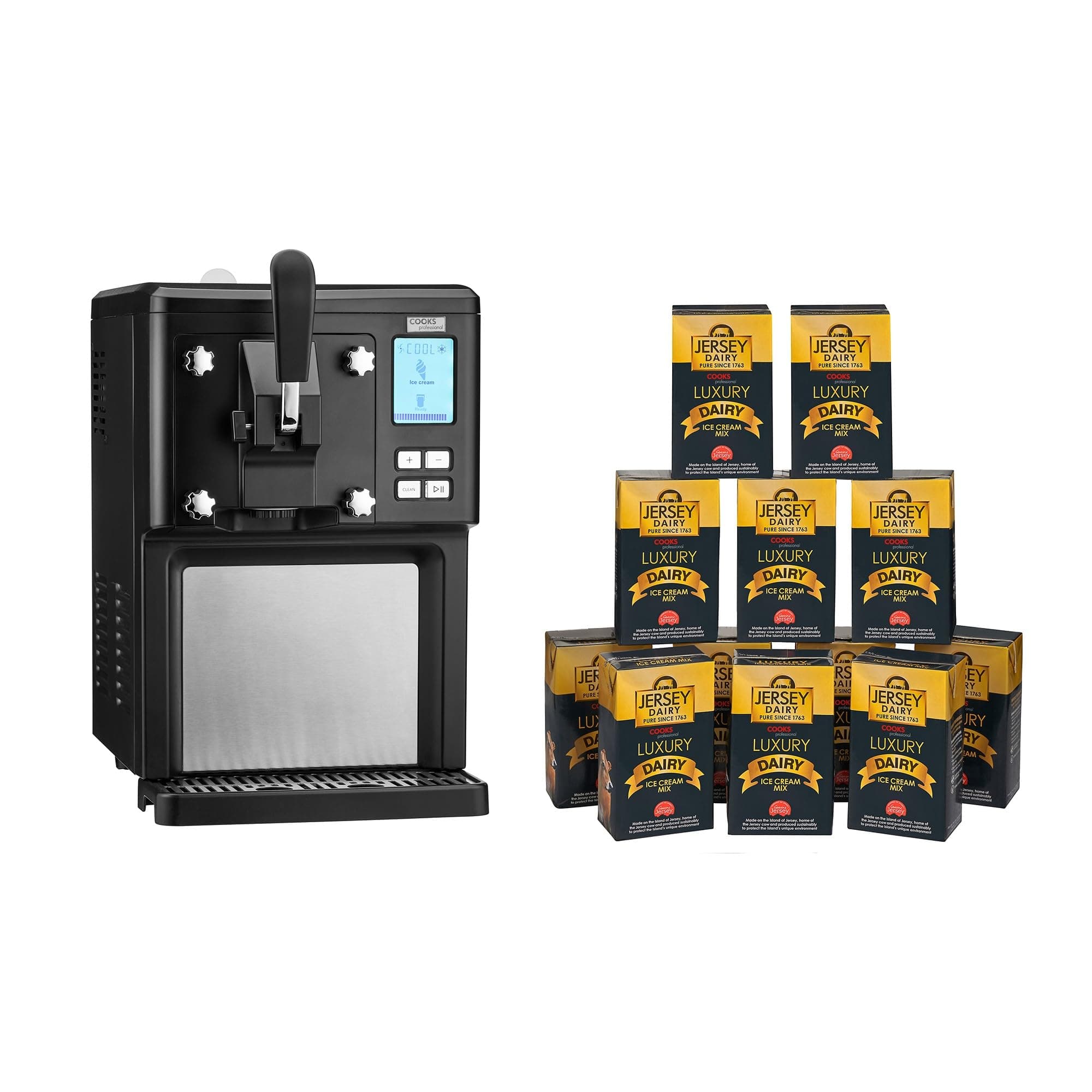 Cooks Professional Luxury Soft Serve Ice Cream Maker | 1.5L | Self-Cooling Compressor | Auto Cleaning | Digital Display | Perfect for Whippy Sundaes & Desserts | Includes 12 x 1L Luxury Jersey Mix