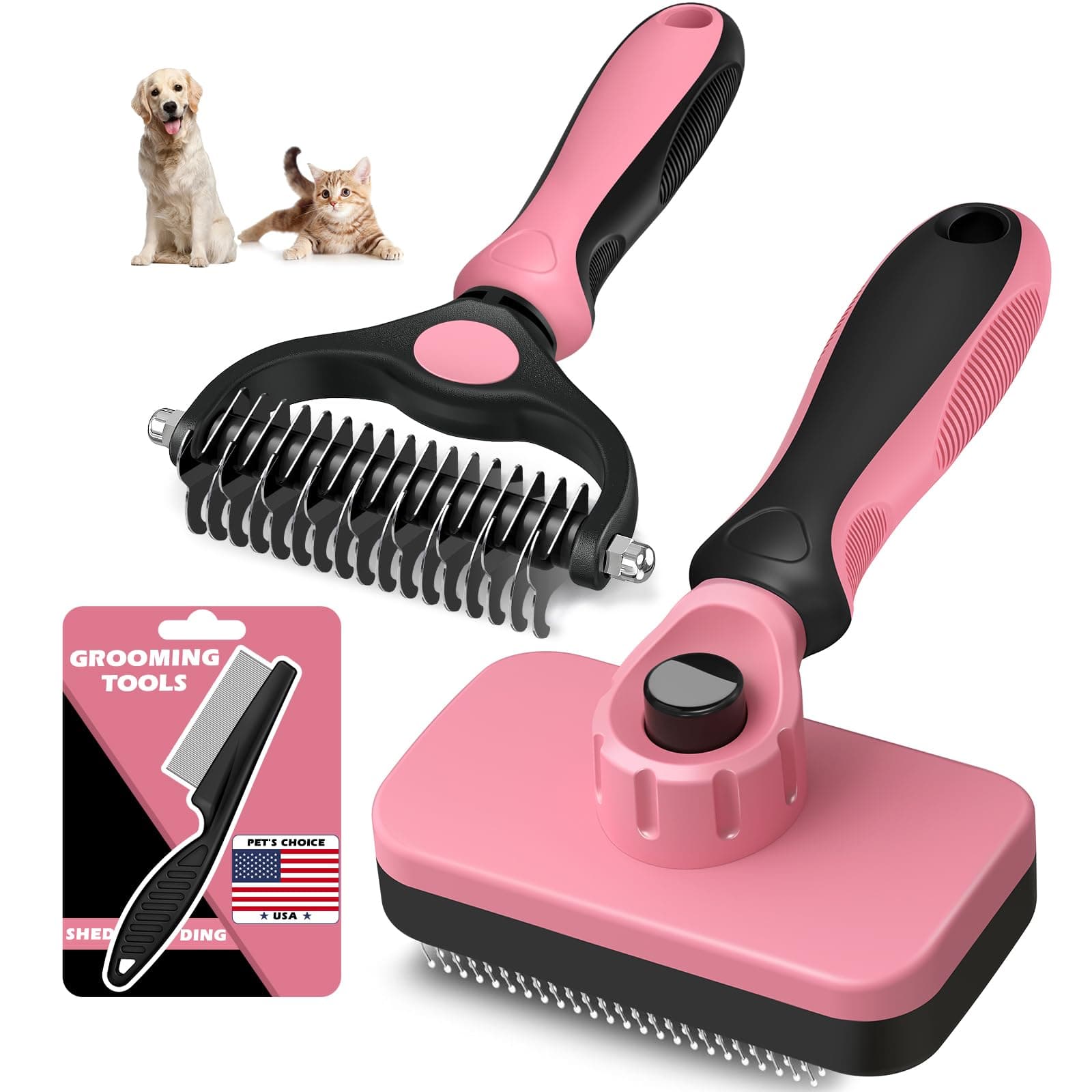 3PCS Self Cleaning Slicker Brush & Pet Grooming Rake & Flea Comb for Dogs,Cats and Horses | Double-Sided Dematting Comb & Skin Friendly Deshedding Grooming Tool | Pet Supplies (Light Pink)