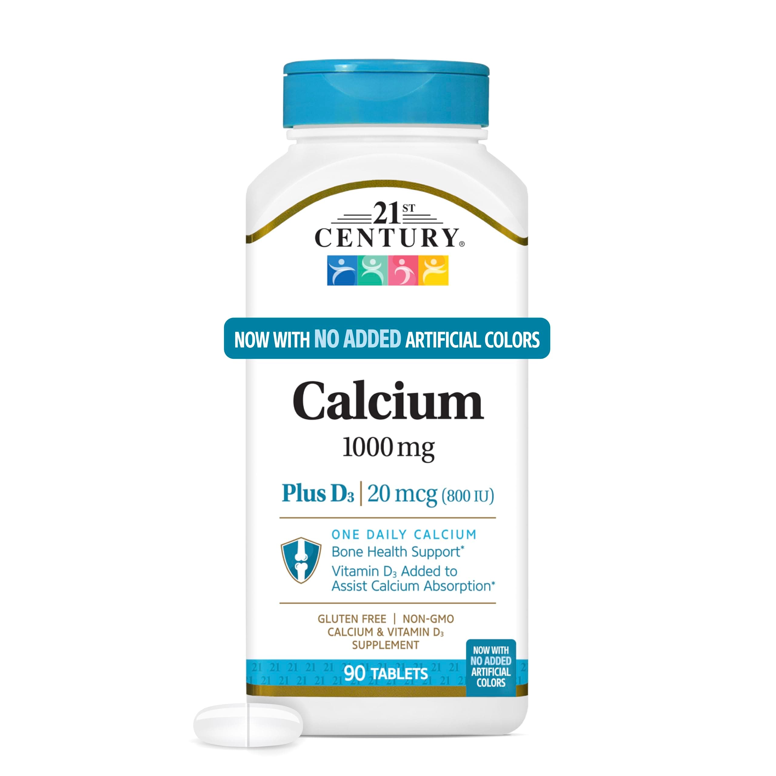 21st Century Calcium Plus D3 Tablets, (90 Count), 1000mg Calcium with Vitamin D3 20mcg (800 IU), Gluten-Free & Non-GMO, Bone Health Supplement for Men & Women, No Added Yeast or Artificial Flavors