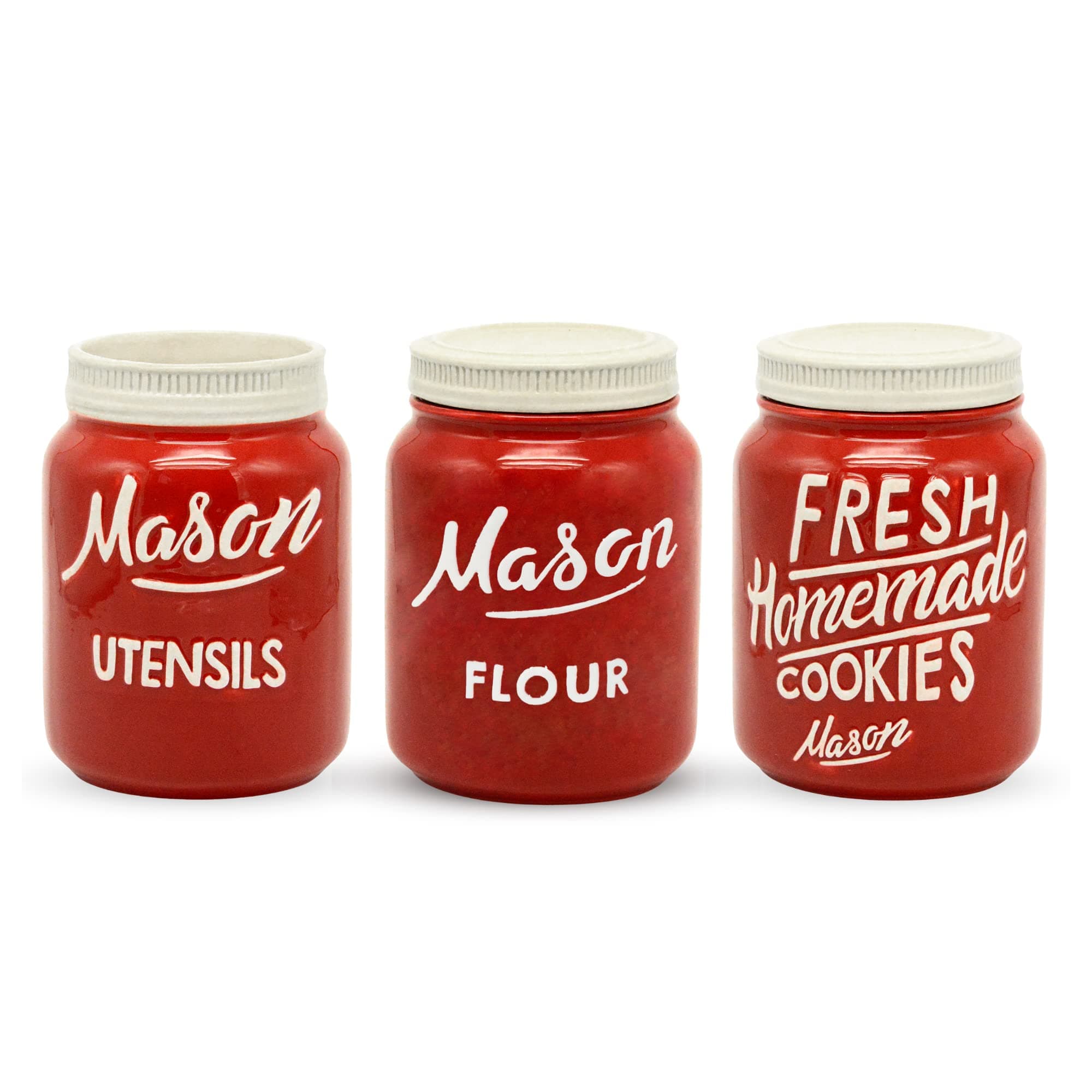 Goodscious Red 3PC Kitchenware Set Jar: Utensil Crock, Cookie Jar and Flour Jar