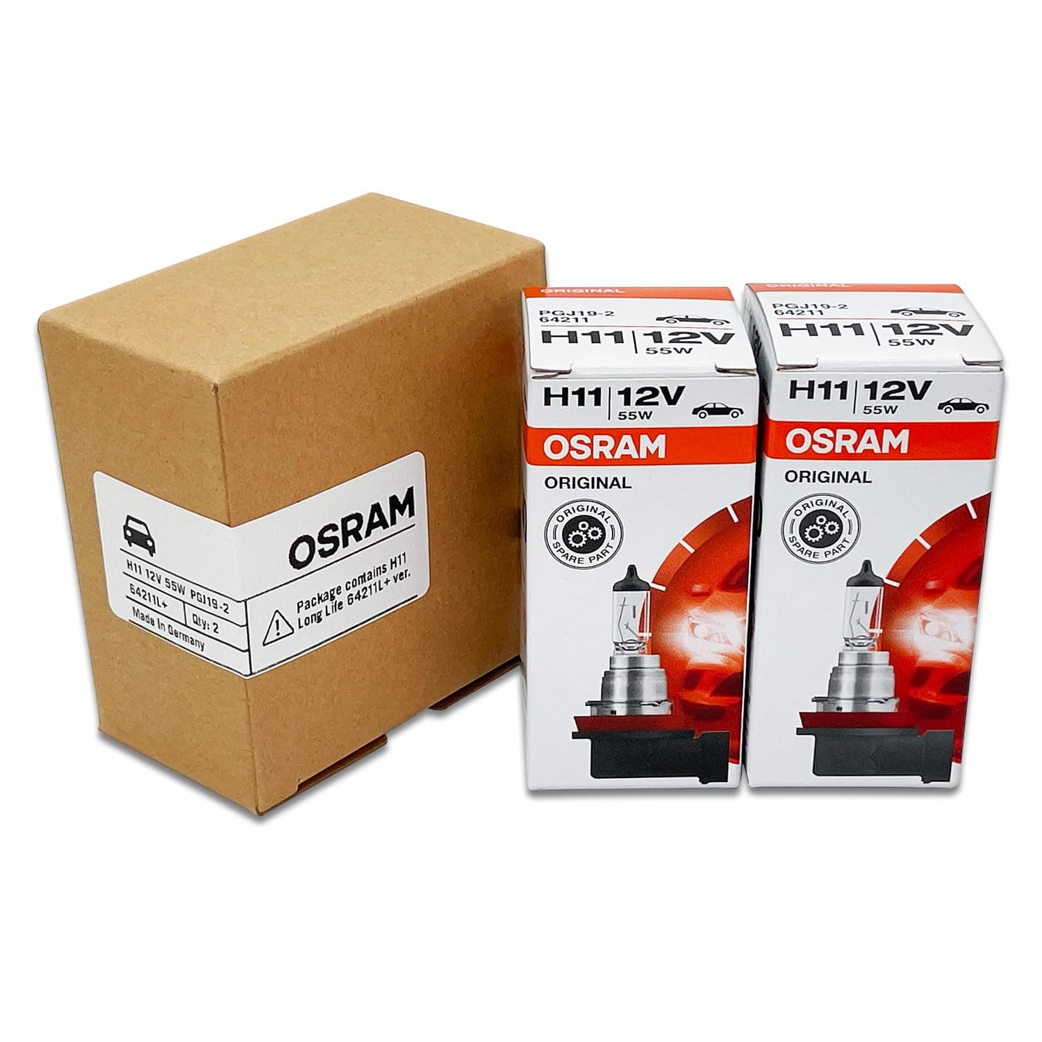Osram H11 64211L+ DOT Original Standard Halogen Light Bulb 12V 55W 3800K PGJ19-2 Made in Germany/Pack of 2