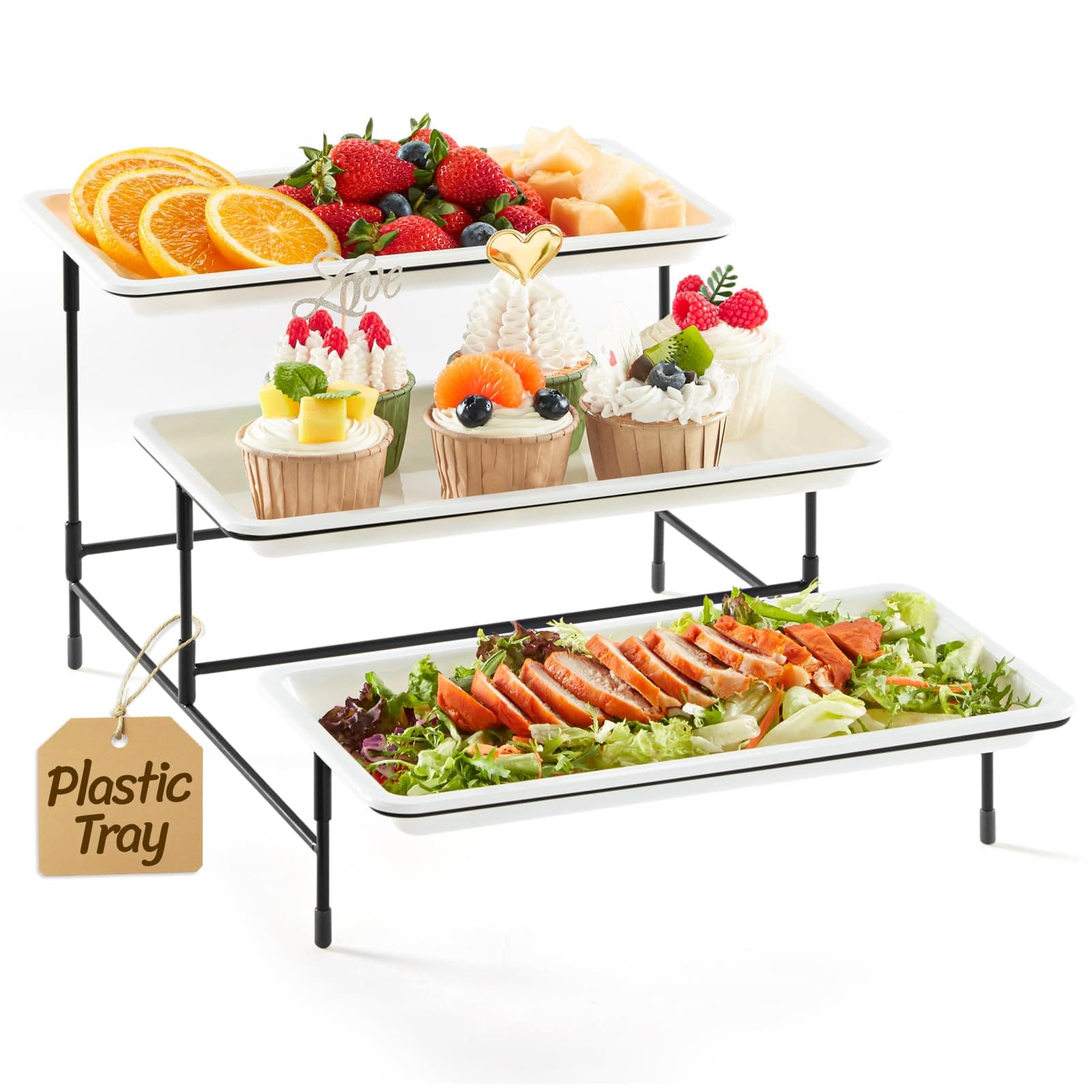 Lifewit 3 Tier Serving Tray, 30 x 17 cm/12 x 6.5 White Plastic Tiered Food Serving Platters, Tiered Tray Stand for Party with Black Collapsible Metal Stand, Dessert Display Stand for Cookies/Crackers