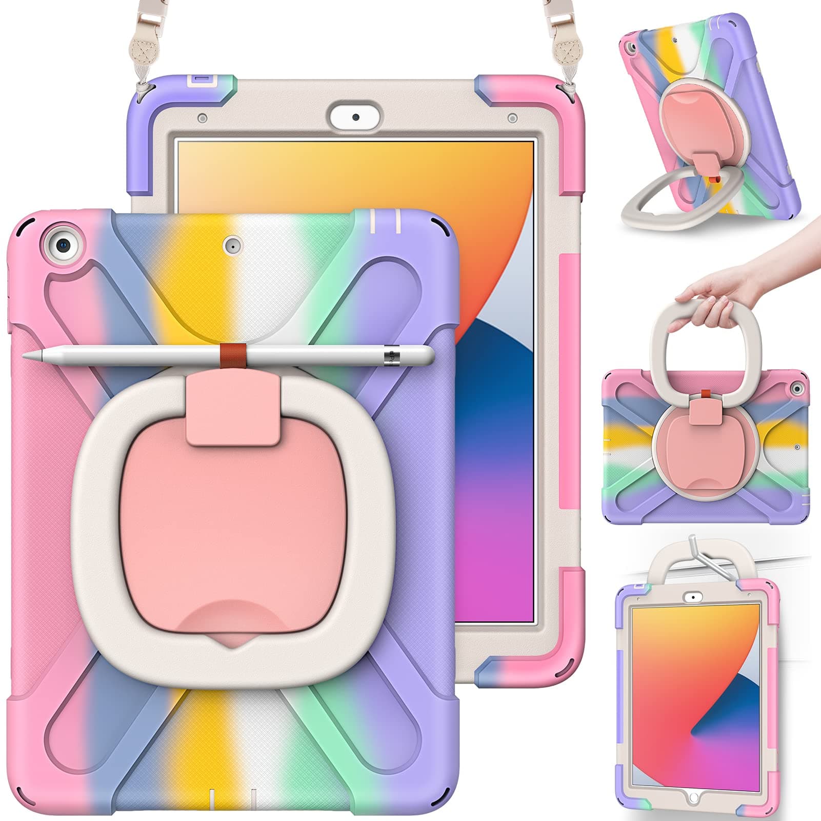 KENOBEE Case for iPad 9th/8th/7th Generation 10.2 Inch 2021/2020/ 2019, 360° Rotating Handle-Kickstand Rugged Shockproof Kids Cover with Built-in Screen Protector& Shoulder Strap & Pencil Holder
