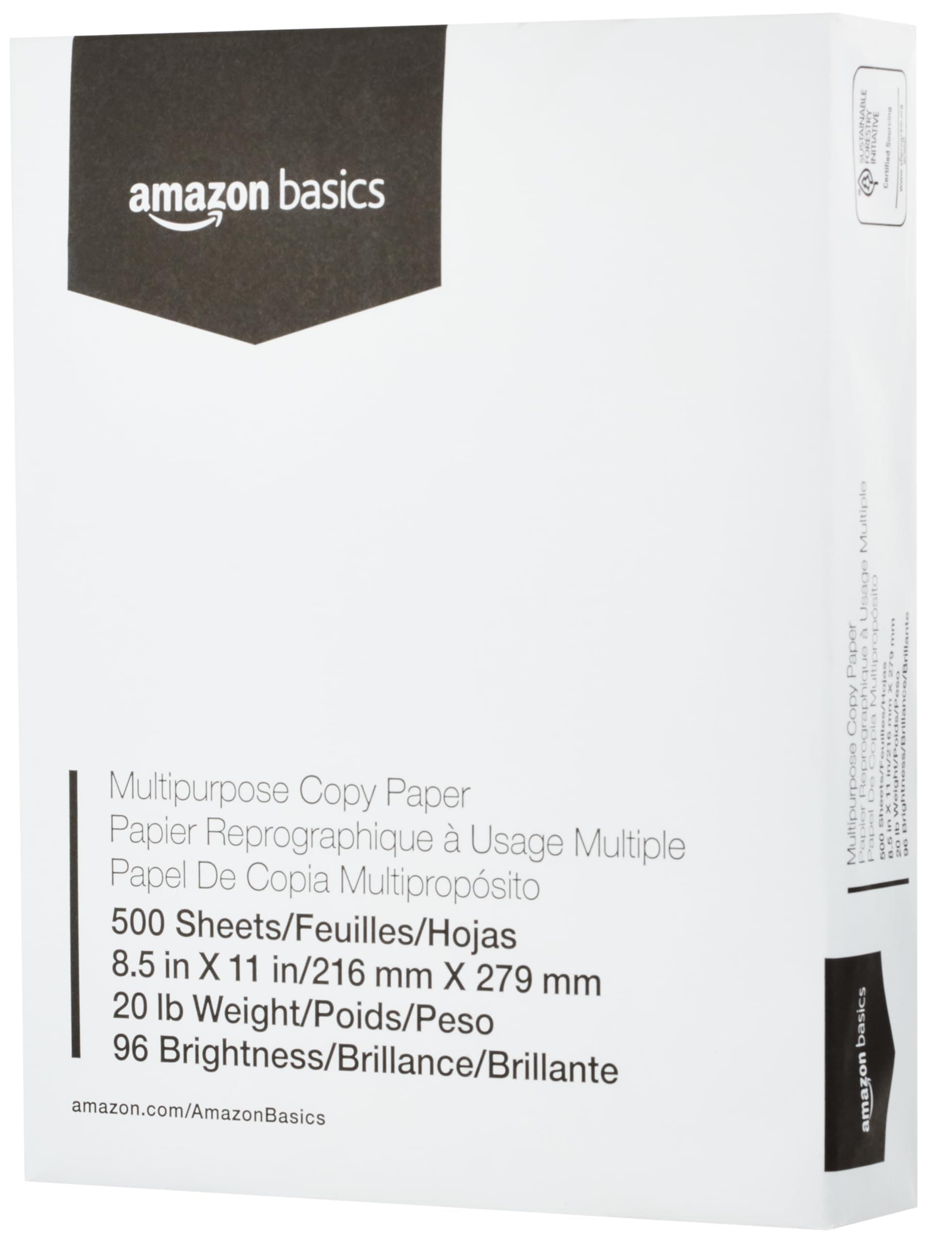 Amazon Basics Multipurpose Copy Printer Paper, 8.5 x 11 Inches, 20 lb Weight, 96 Bright White, 500 Sheets (1 Ream)
