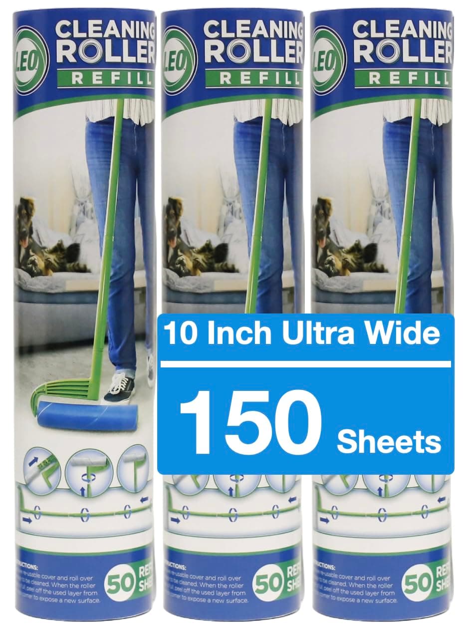 Leo 10-Inch Wide Lint Roller Refills, 3 Rolls with 50 Sheets Each (150 Sheets Total), Extra Sticky Pet Hair Remover for Carpet & Furniture