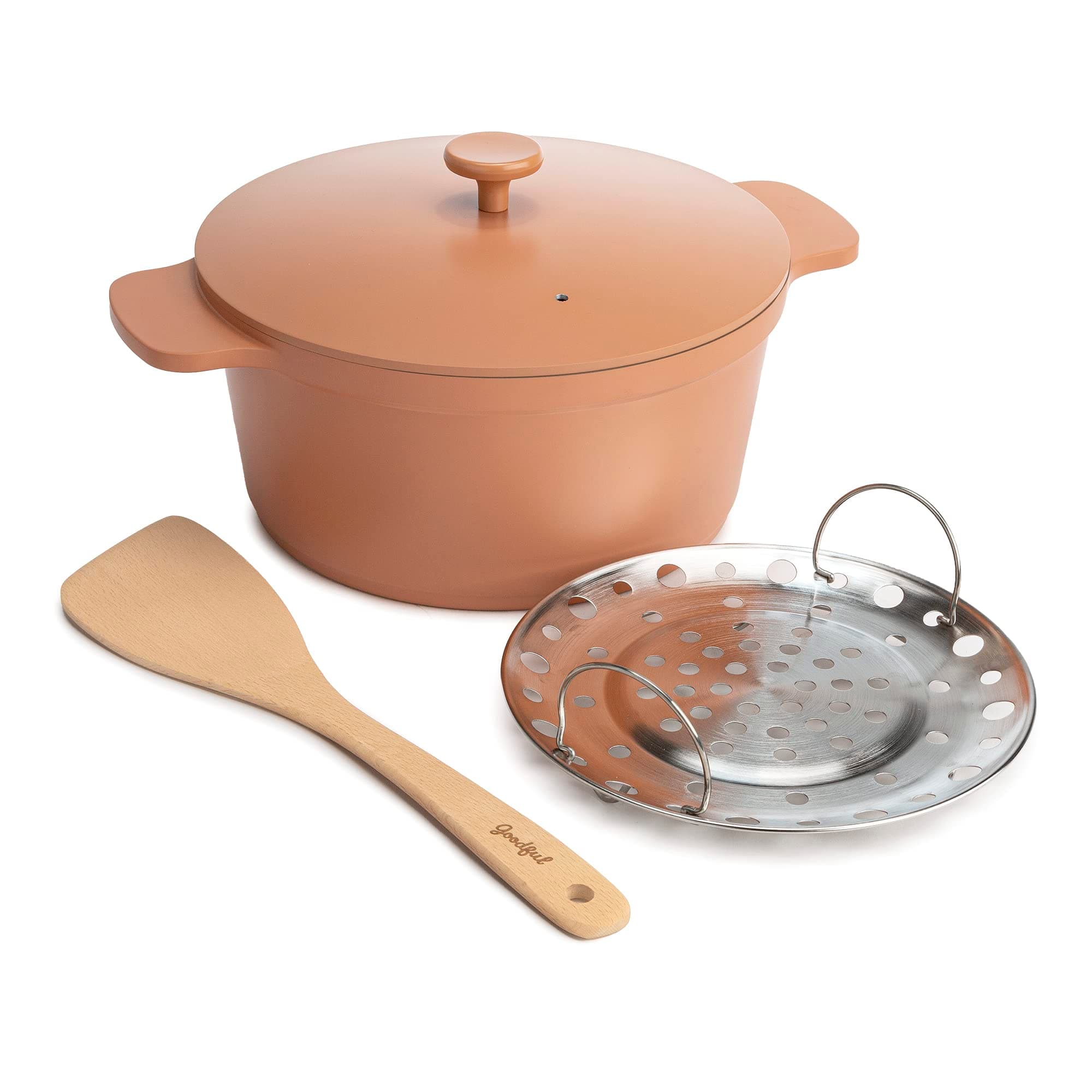 All-In-One Pot, Multilayer Nonstick, High Performance Cast Dutch Oven With Matching Lid, Roasting Rack And Turner, Made Without PFOA, Dishwasher Safe Cookware, 4.7-Quart, Terracotta