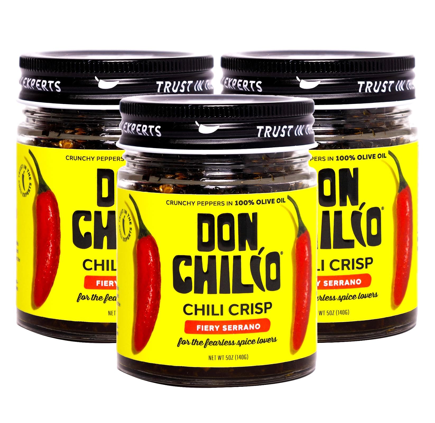 Medium Heat Serrano Mexican Chile Crisp, 5 oz, 3 Pack – Crunchy Sliced Serrano Fried Chili Peppers in Hot Seasoned 100% Olive Oil – Keto-Friendly, Vegan, Gluten Free